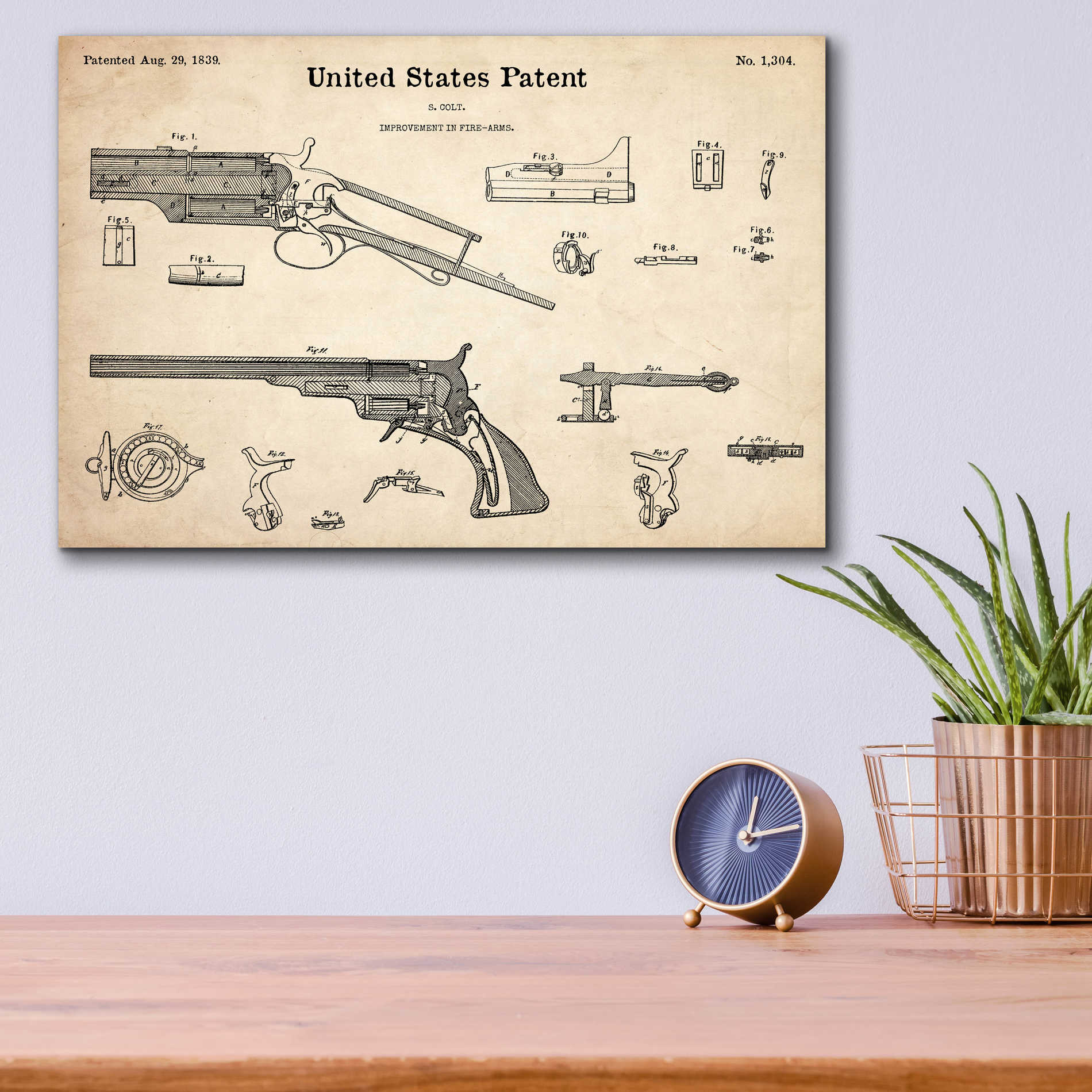 Epic Art 'Colt Revolver Blueprint Patent Parchment,' Acrylic Glass Wall Art,16x12