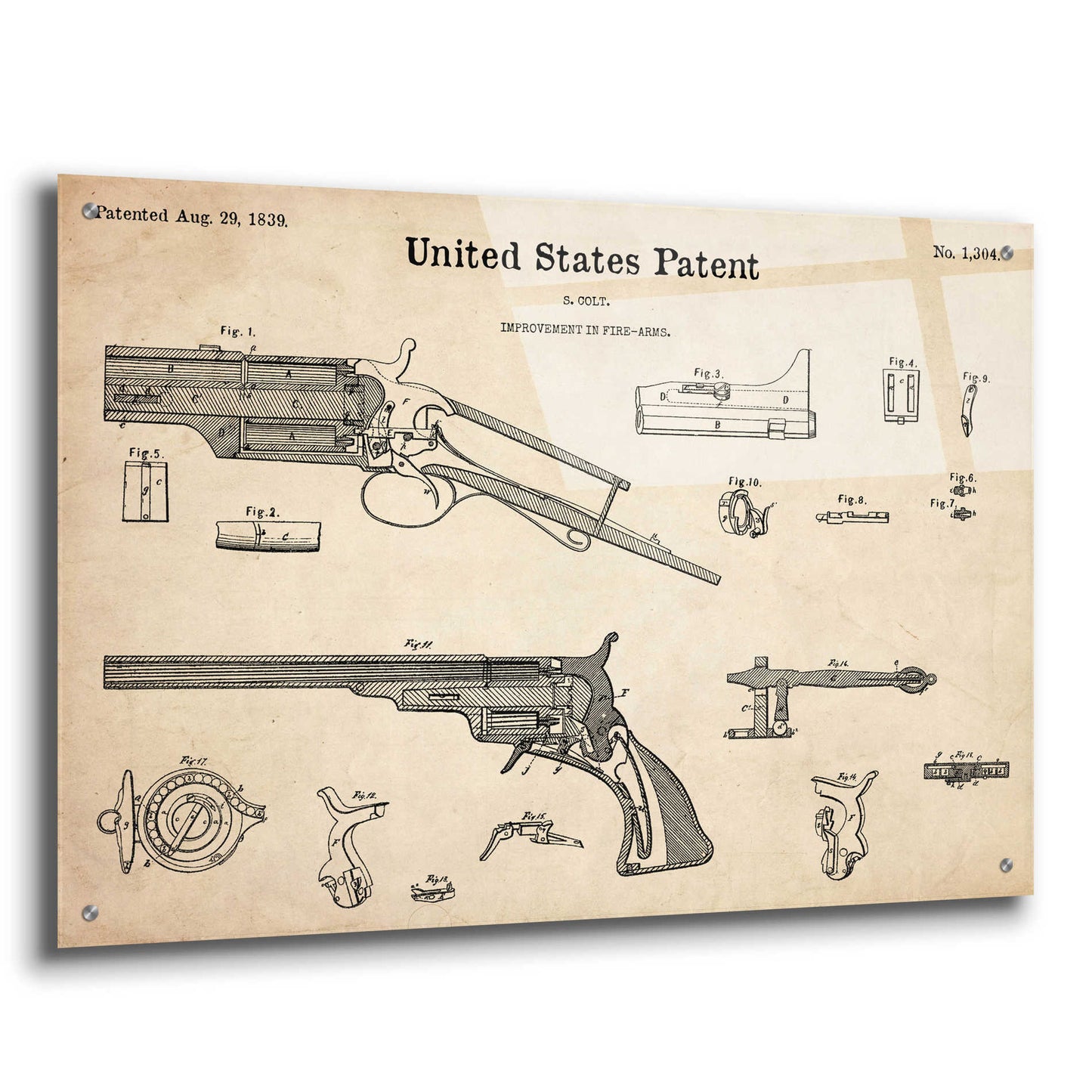 Epic Art 'Colt Revolver Blueprint Patent Parchment,' Acrylic Glass Wall Art,36x24