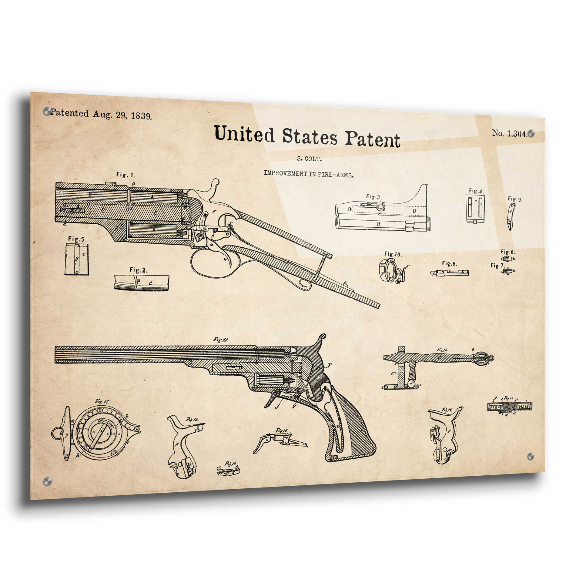 Epic Art 'Colt Revolver Blueprint Patent Parchment,' Acrylic Glass Wall Art,36x24