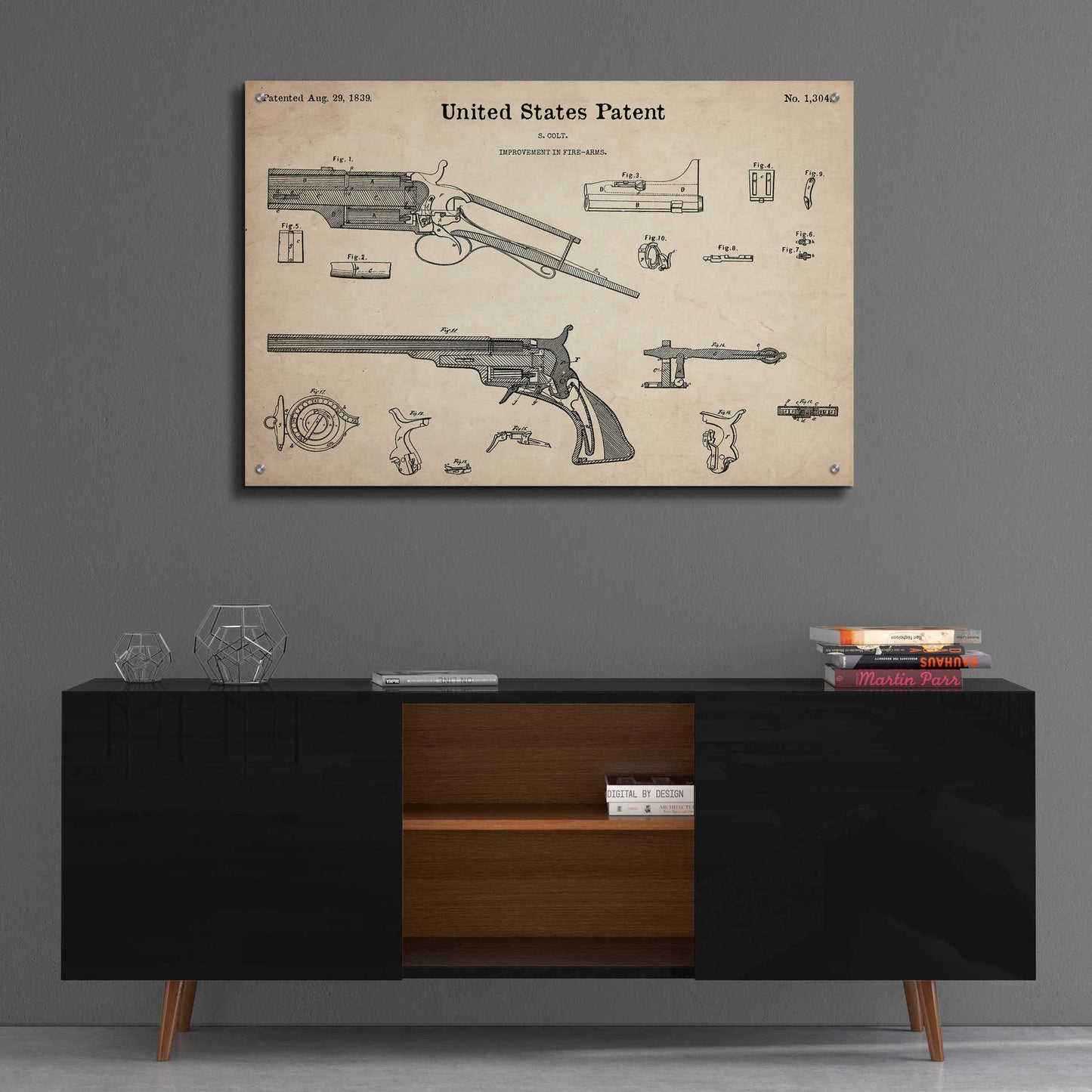 Epic Art 'Colt Revolver Blueprint Patent Parchment,' Acrylic Glass Wall Art,36x24