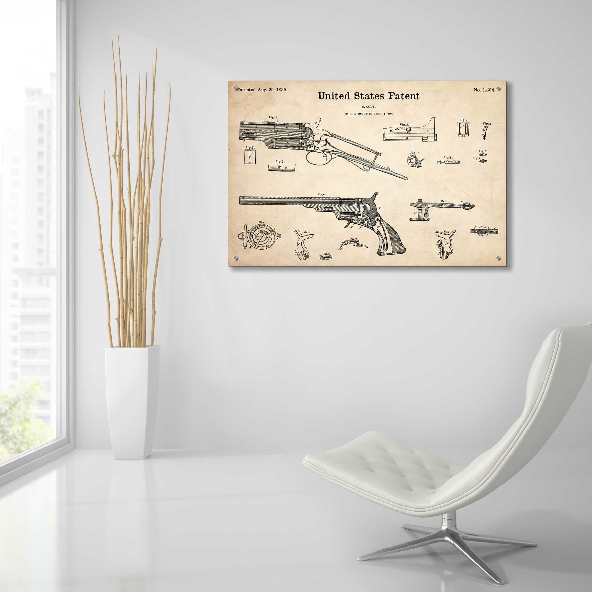 Epic Art 'Colt Revolver Blueprint Patent Parchment,' Acrylic Glass Wall Art,36x24