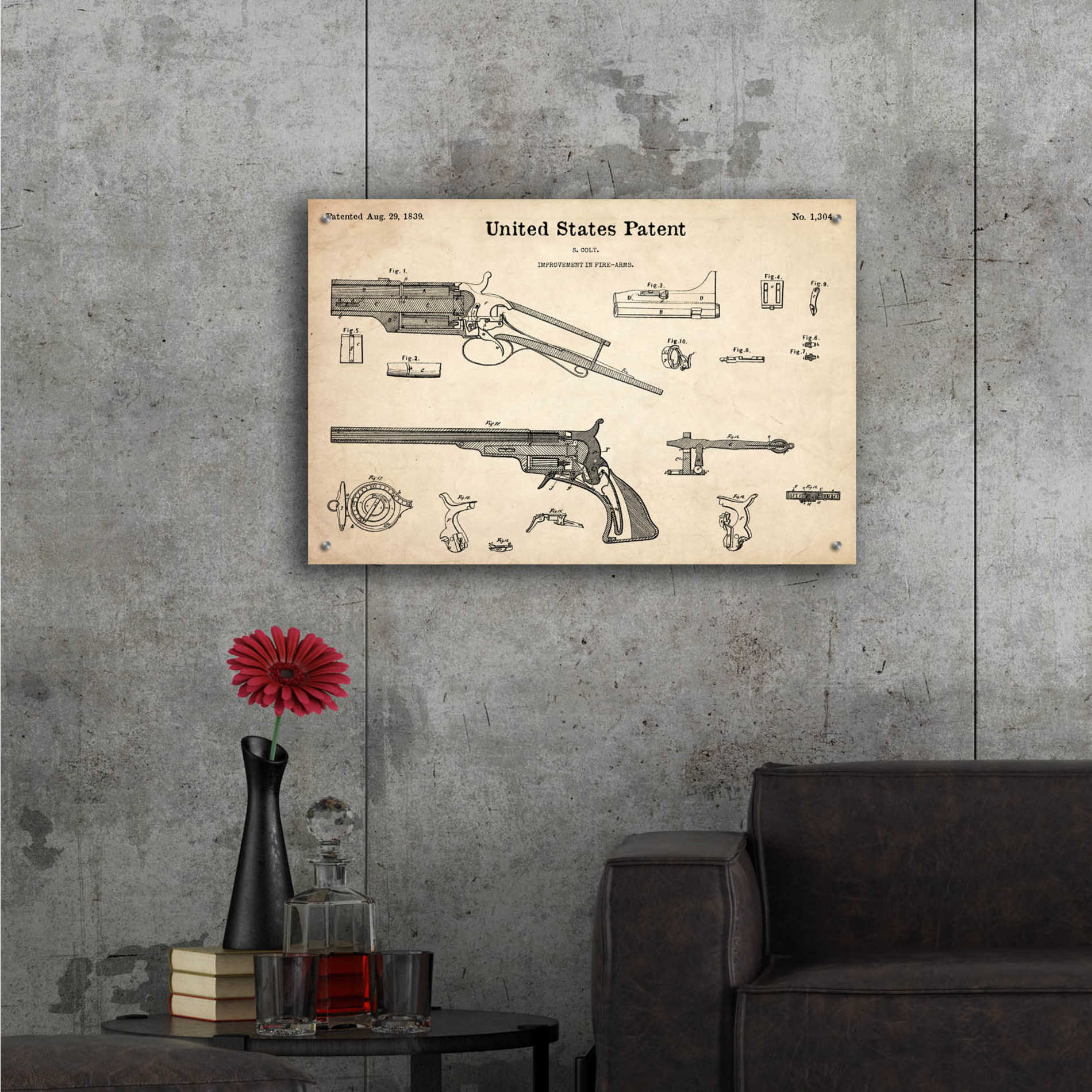 Epic Art 'Colt Revolver Blueprint Patent Parchment,' Acrylic Glass Wall Art,36x24