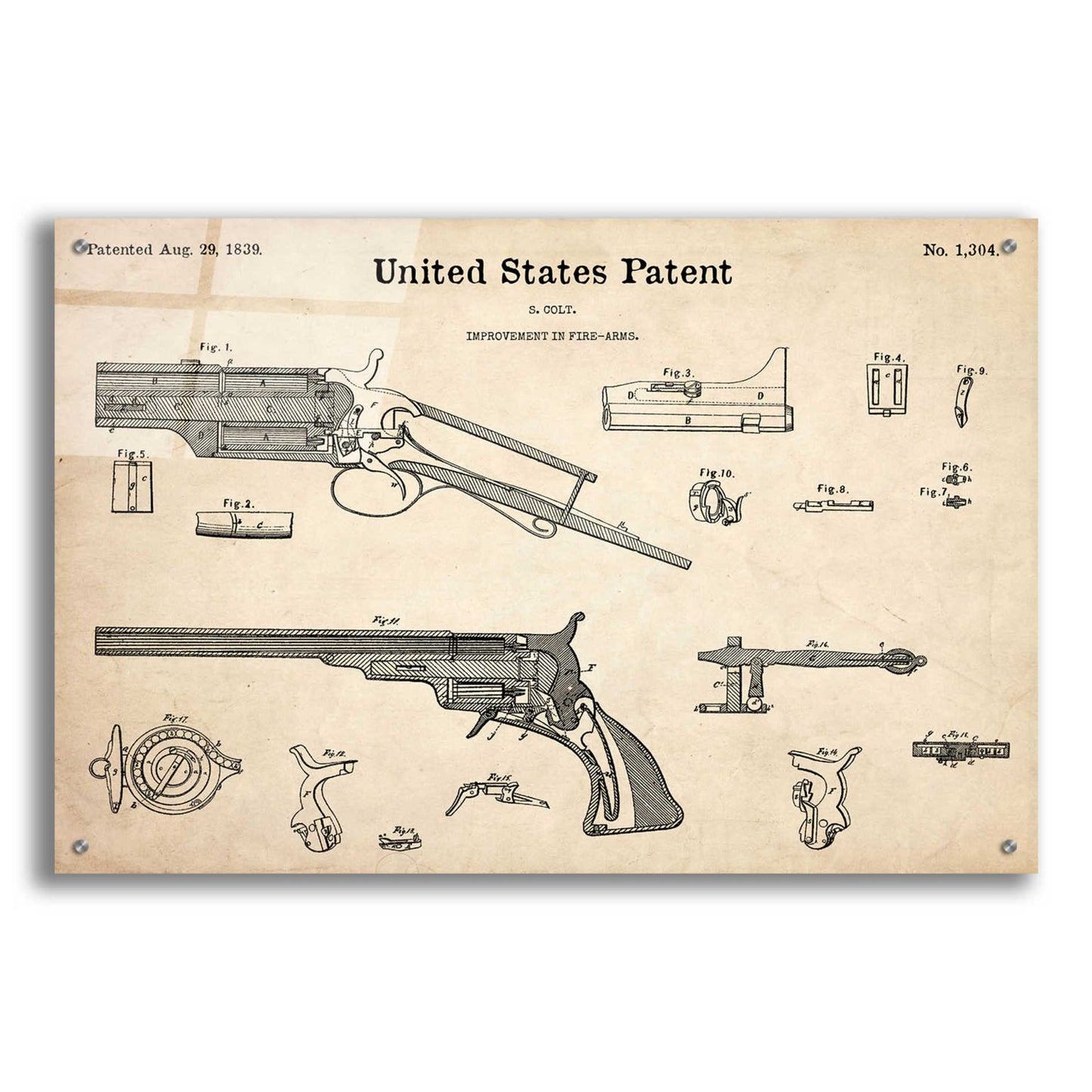 Epic Art 'Colt Revolver Blueprint Patent Parchment,' Acrylic Glass Wall Art,36x24