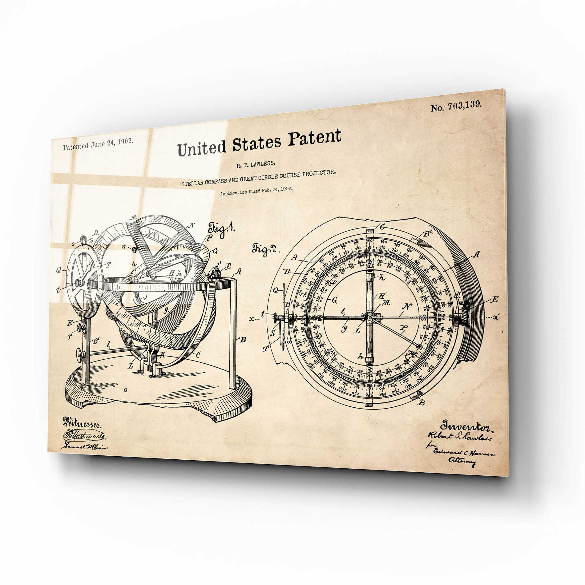 Epic Art 'Stellar Compass Blueprint Patent Parchment,' Acrylic Glass Wall Art,16x12
