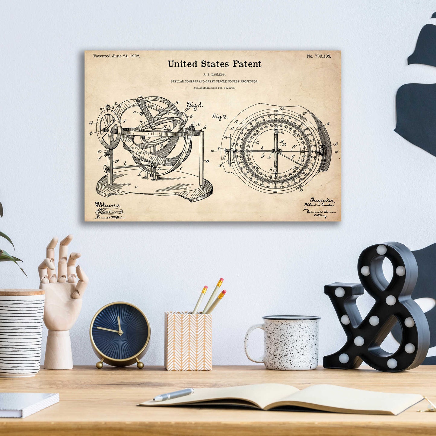 Epic Art 'Stellar Compass Blueprint Patent Parchment,' Acrylic Glass Wall Art,16x12
