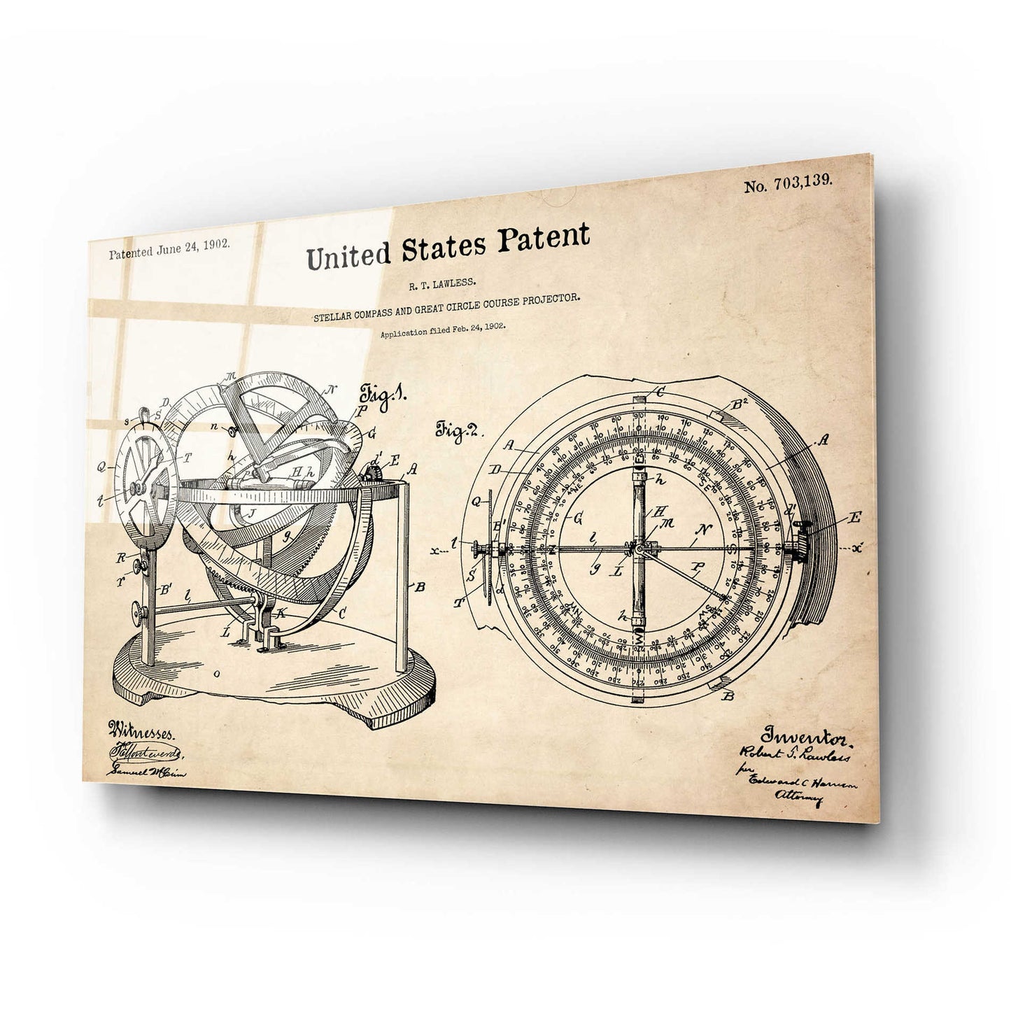Epic Art 'Stellar Compass Blueprint Patent Parchment,' Acrylic Glass Wall Art,24x16