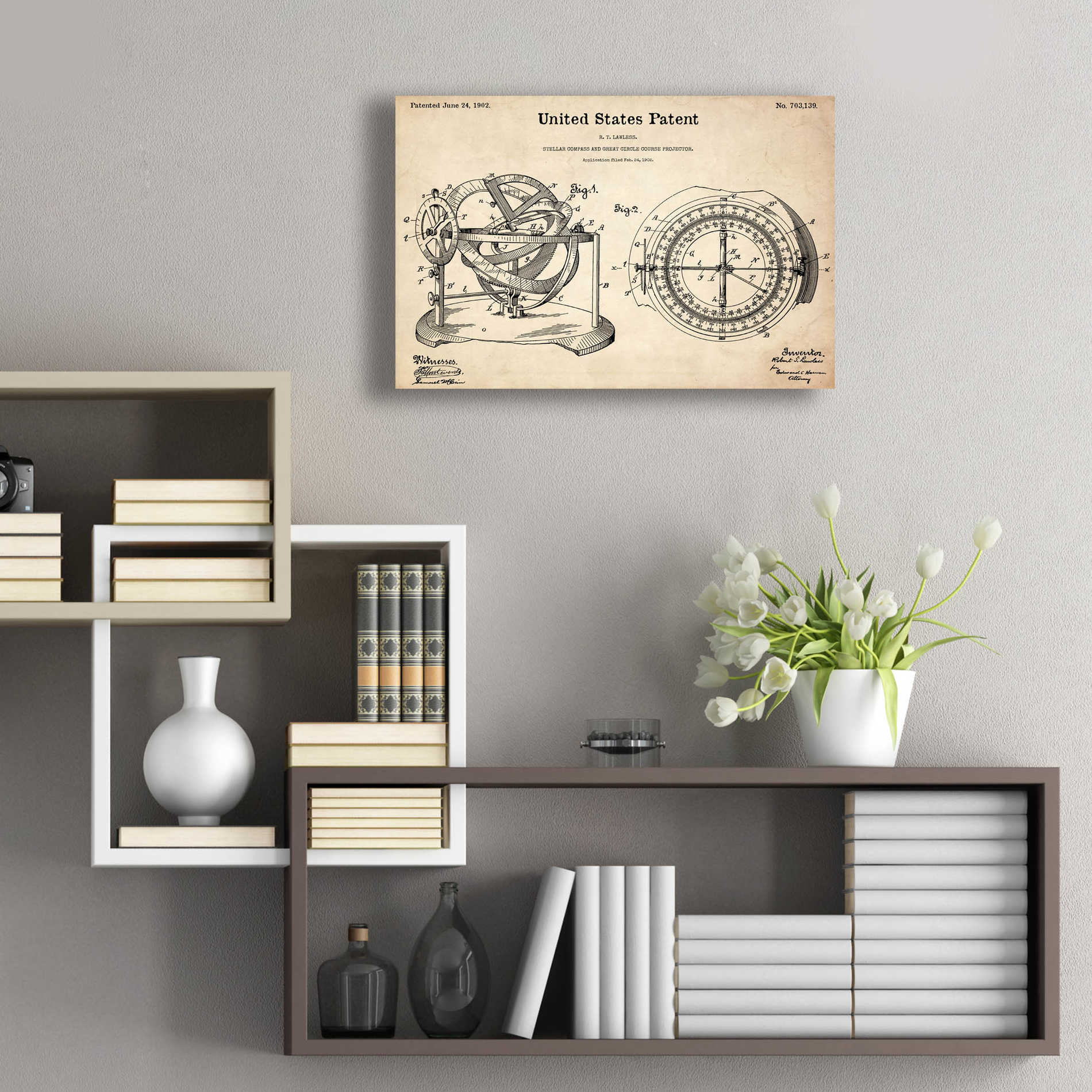 Epic Art 'Stellar Compass Blueprint Patent Parchment,' Acrylic Glass Wall Art,24x16