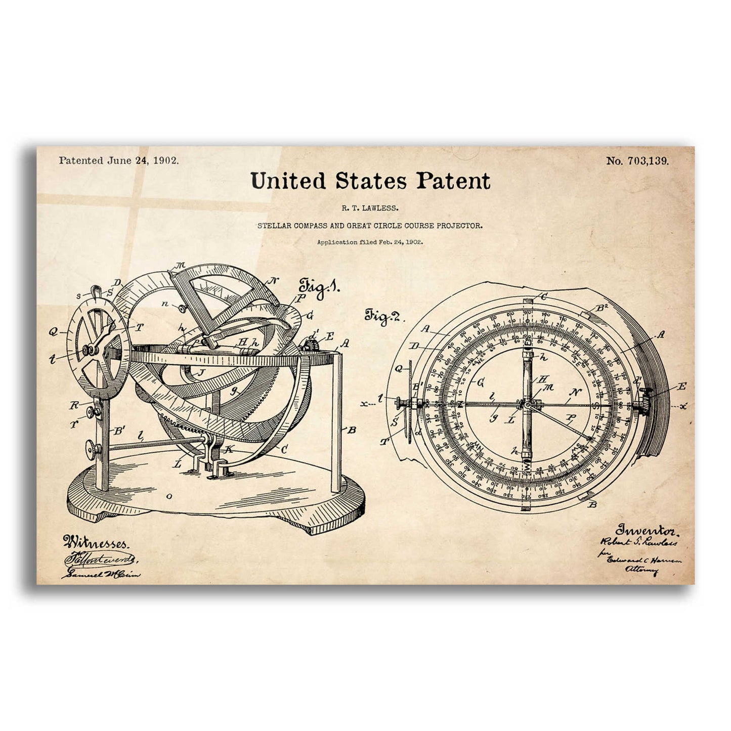 Epic Art 'Stellar Compass Blueprint Patent Parchment,' Acrylic Glass Wall Art,24x16