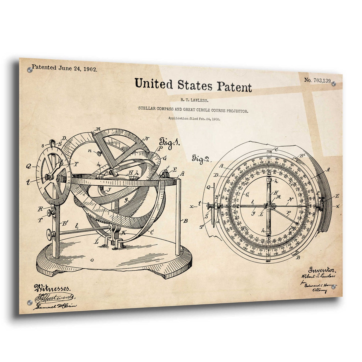 Epic Art 'Stellar Compass Blueprint Patent Parchment,' Acrylic Glass Wall Art,36x24