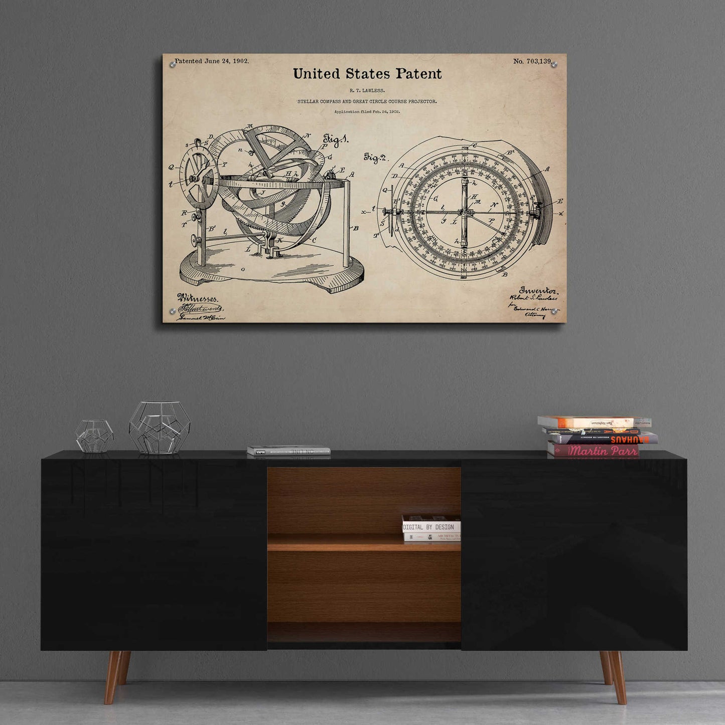 Epic Art 'Stellar Compass Blueprint Patent Parchment,' Acrylic Glass Wall Art,36x24