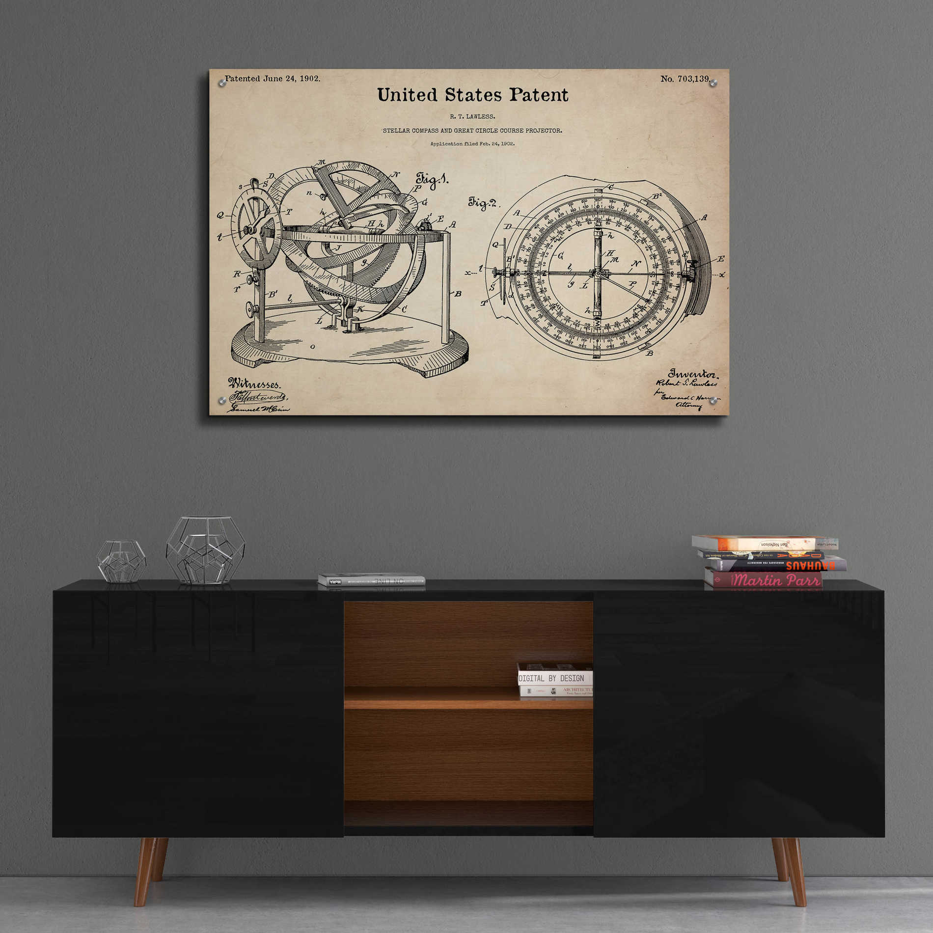Epic Art 'Stellar Compass Blueprint Patent Parchment,' Acrylic Glass Wall Art,36x24
