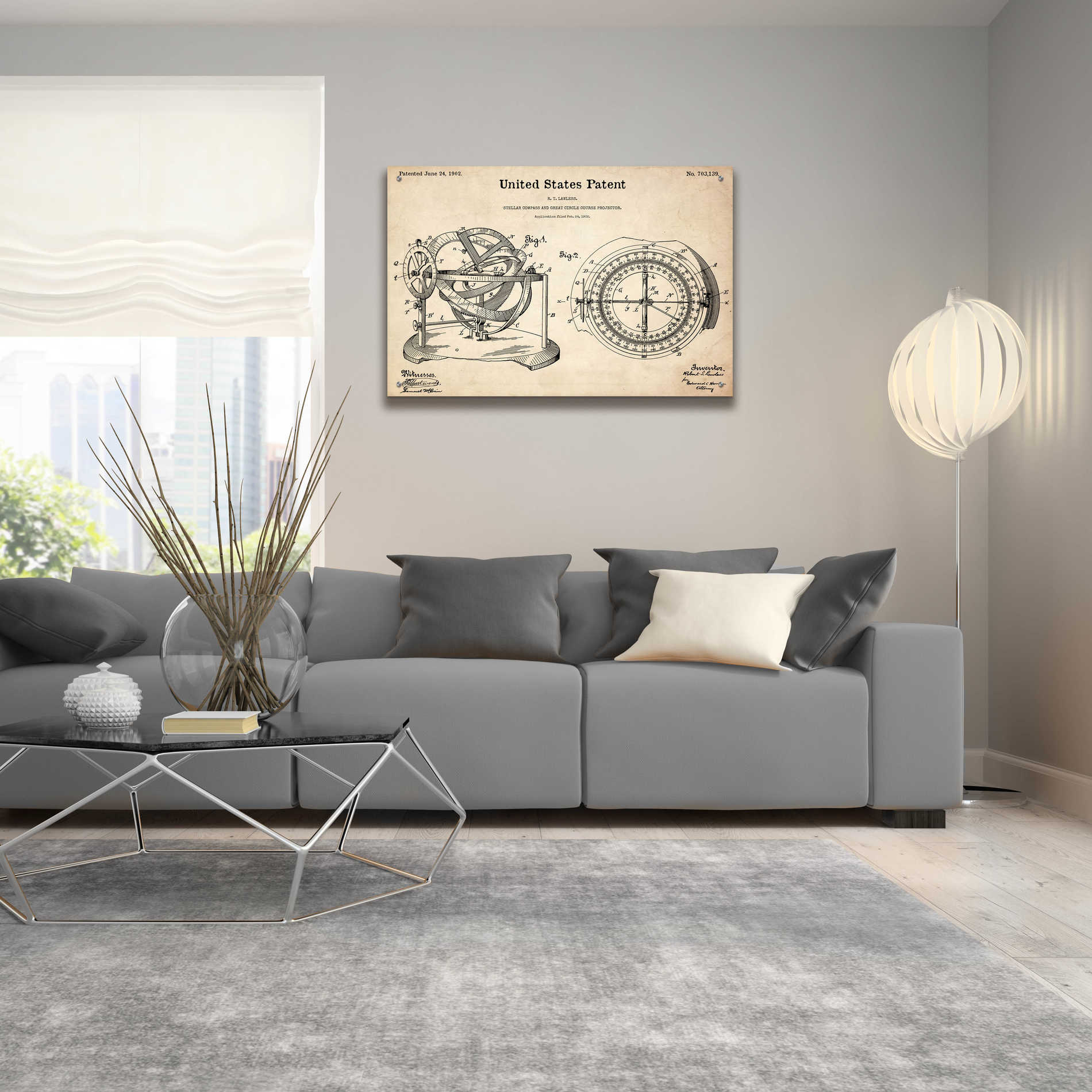Epic Art 'Stellar Compass Blueprint Patent Parchment,' Acrylic Glass Wall Art,36x24