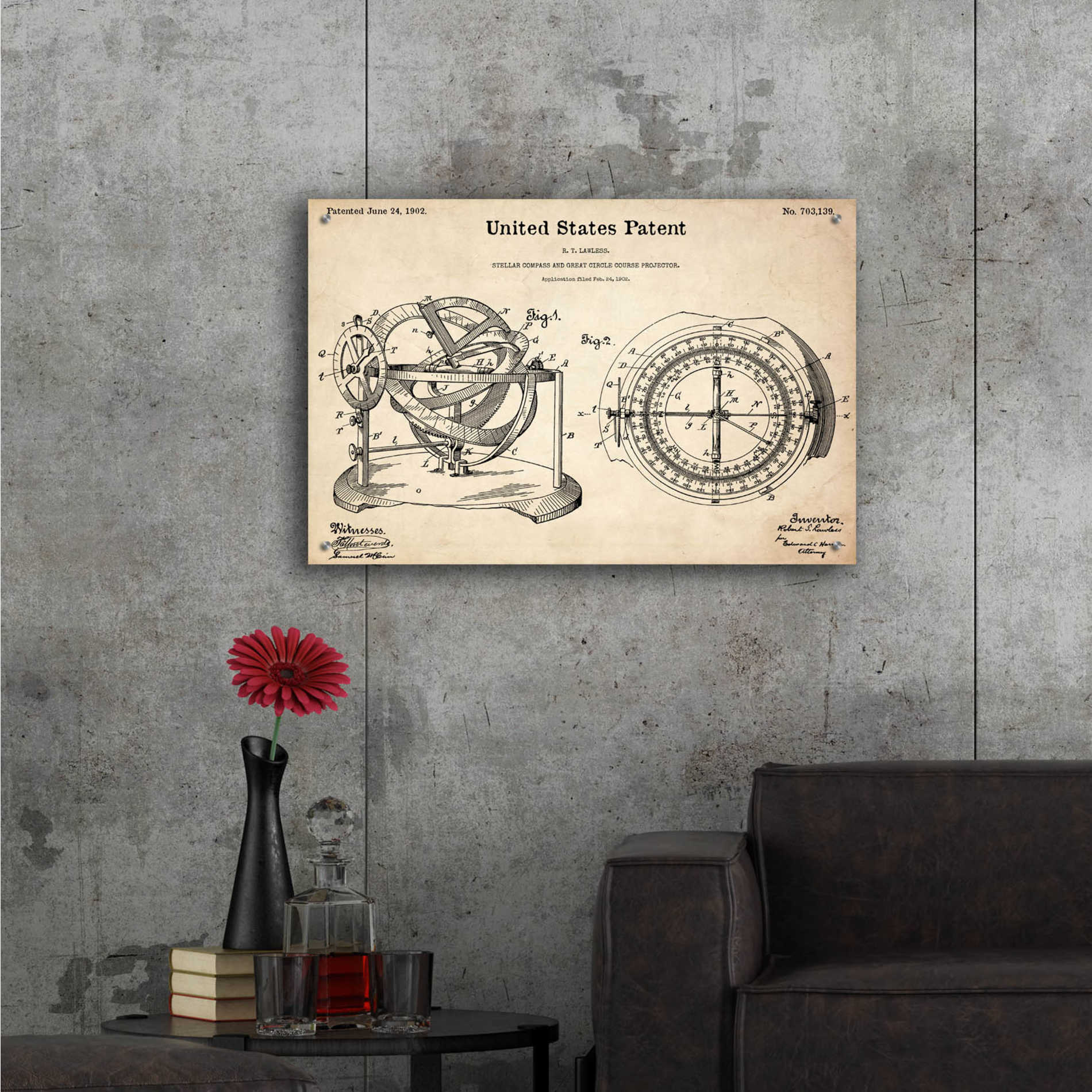 Epic Art 'Stellar Compass Blueprint Patent Parchment,' Acrylic Glass Wall Art,36x24