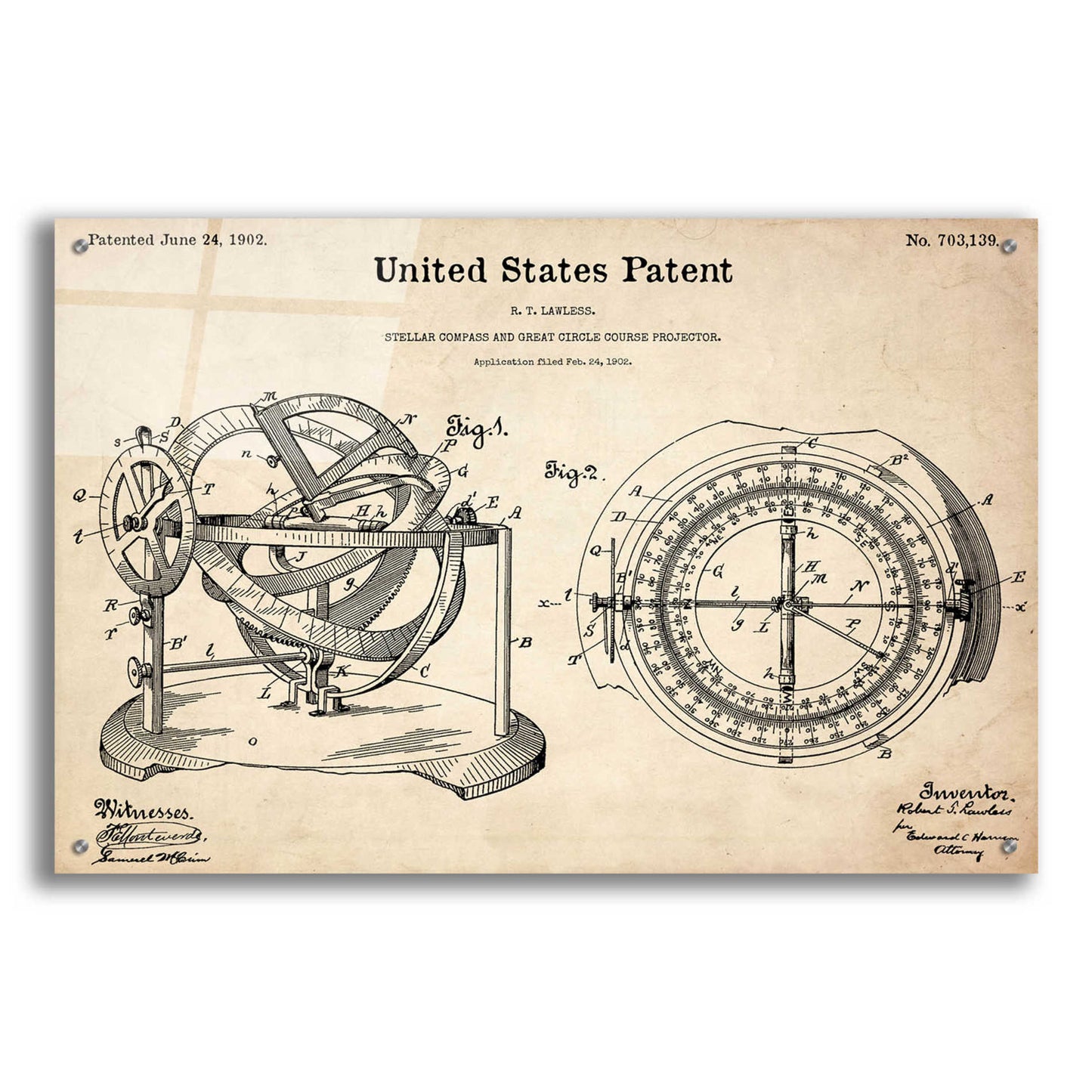 Epic Art 'Stellar Compass Blueprint Patent Parchment,' Acrylic Glass Wall Art,36x24