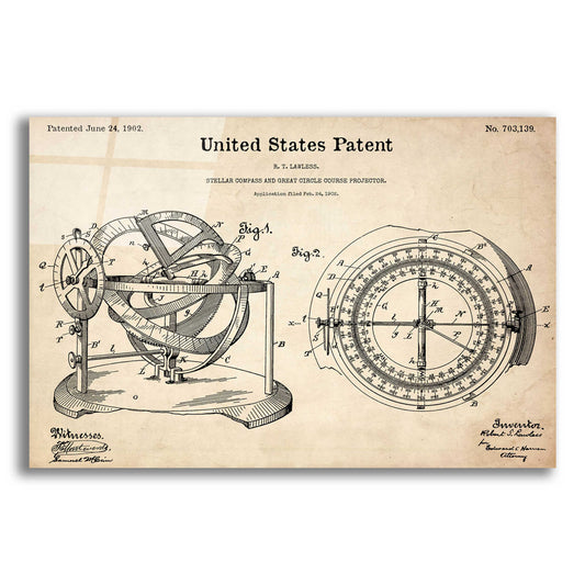 Epic Art 'Stellar Compass Blueprint Patent Parchment,' Acrylic Glass Wall Art,16x12x1.1x0,26x18x1.1x0,34x26x1.74x0,54x40x1.74x0