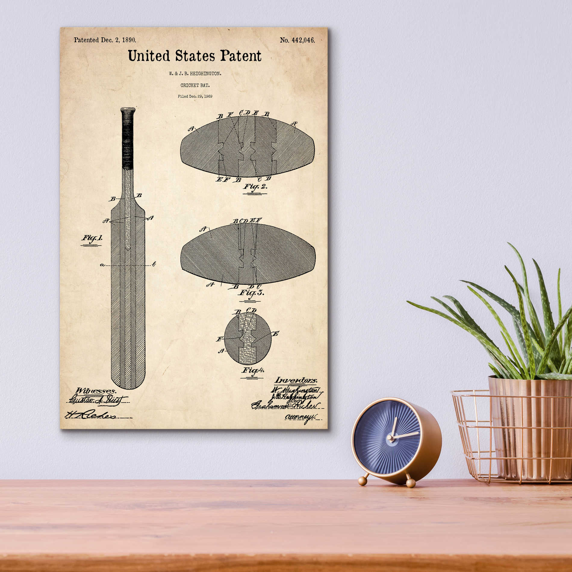 Epic Art 'Cricket Bat Blueprint Patent Parchment,' Acrylic Glass Wall Art,12x16