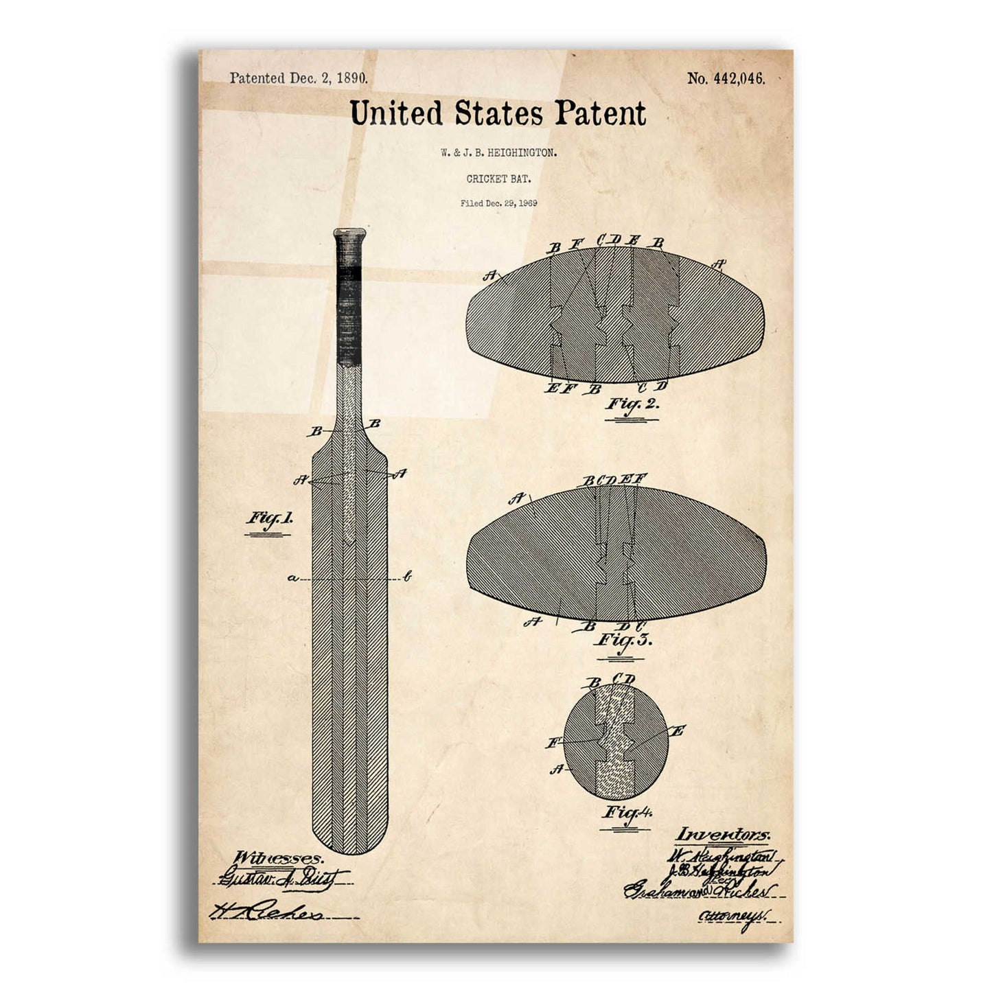 Epic Art 'Cricket Bat Blueprint Patent Parchment,' Acrylic Glass Wall Art,12x16