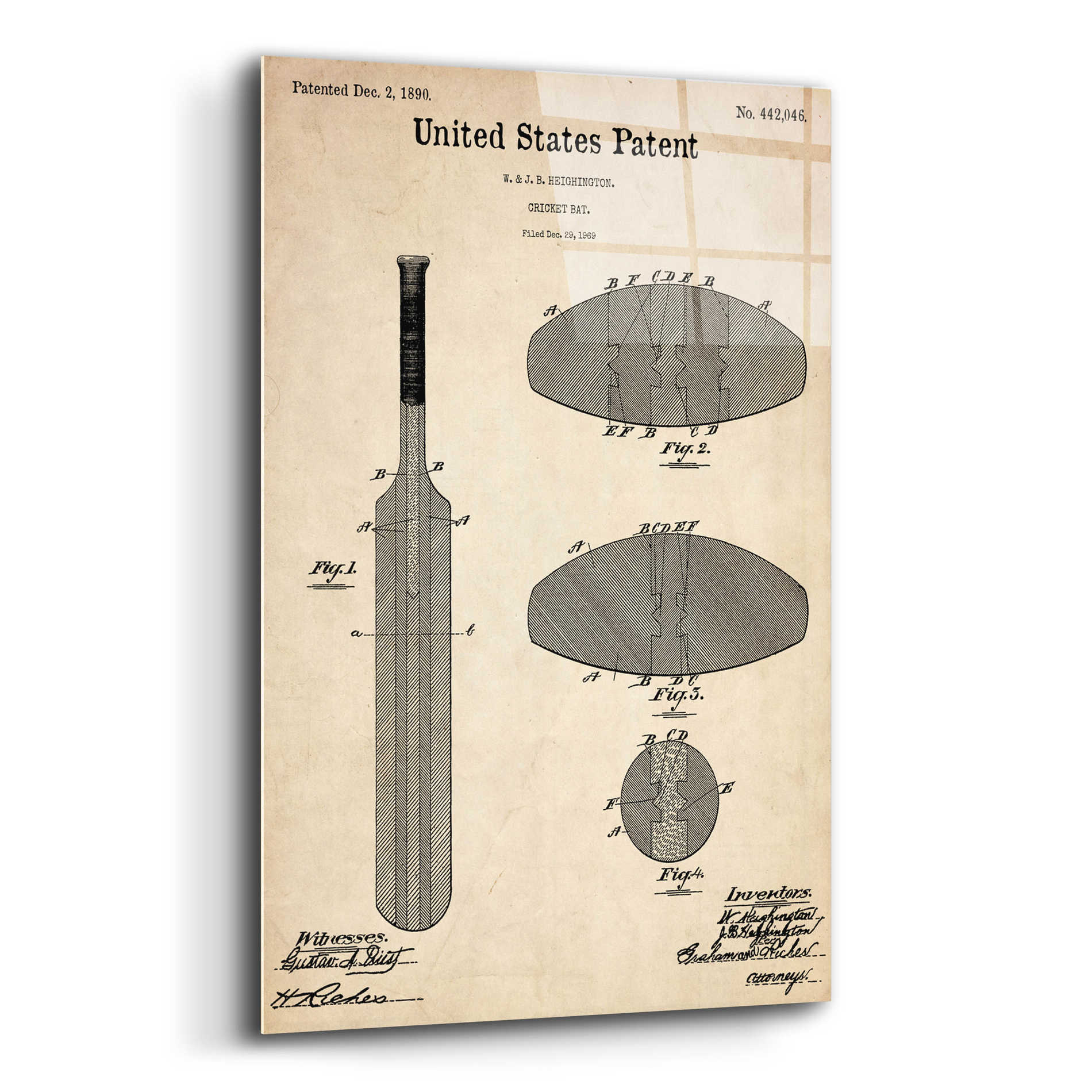 Epic Art 'Cricket Bat Blueprint Patent Parchment,' Acrylic Glass Wall Art,16x24