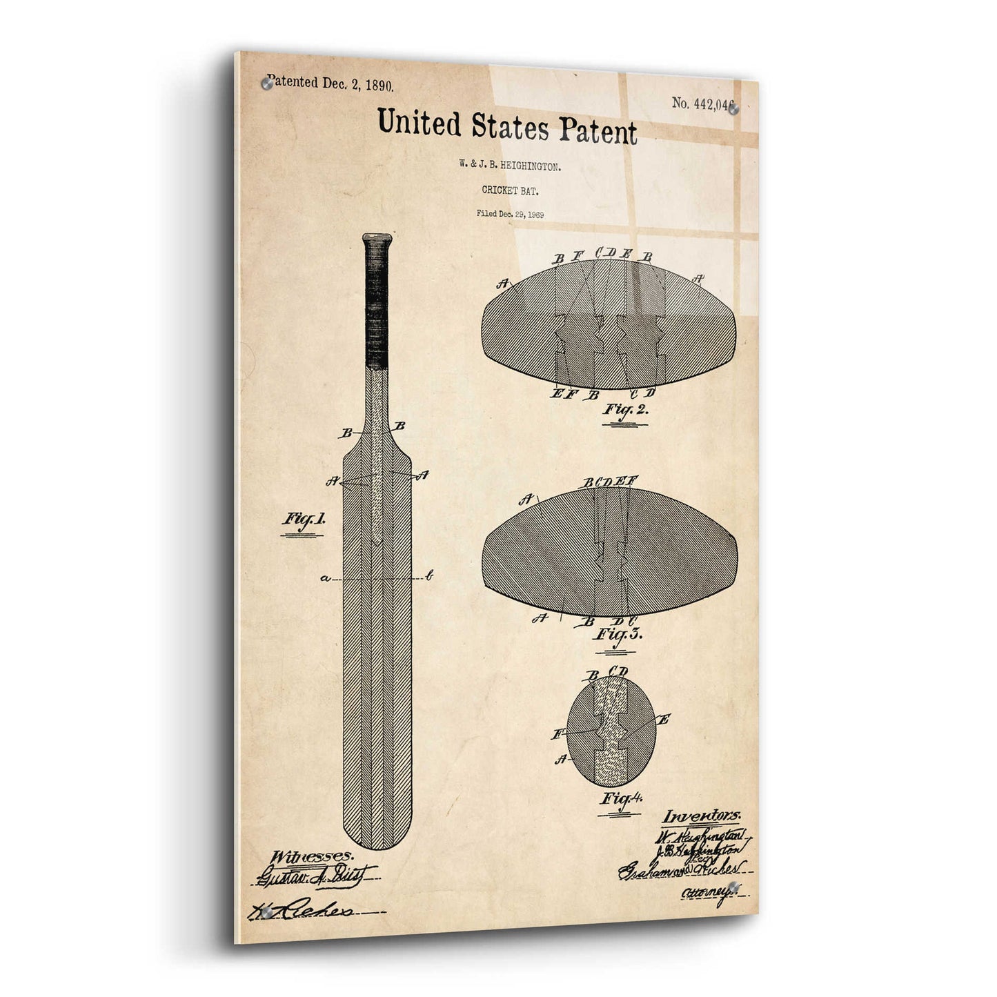 Epic Art 'Cricket Bat Blueprint Patent Parchment,' Acrylic Glass Wall Art,24x36