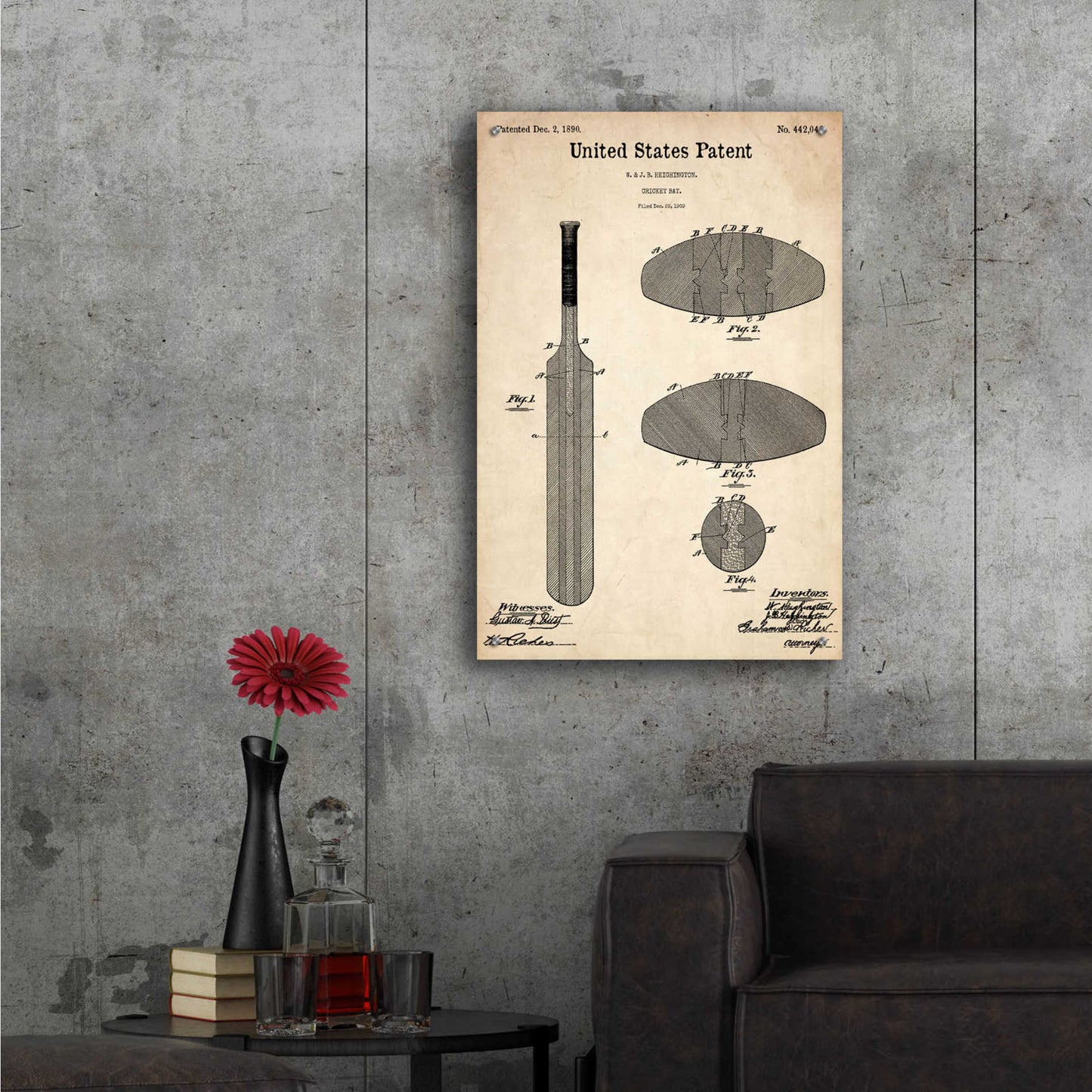 Epic Art 'Cricket Bat Blueprint Patent Parchment,' Acrylic Glass Wall Art,24x36