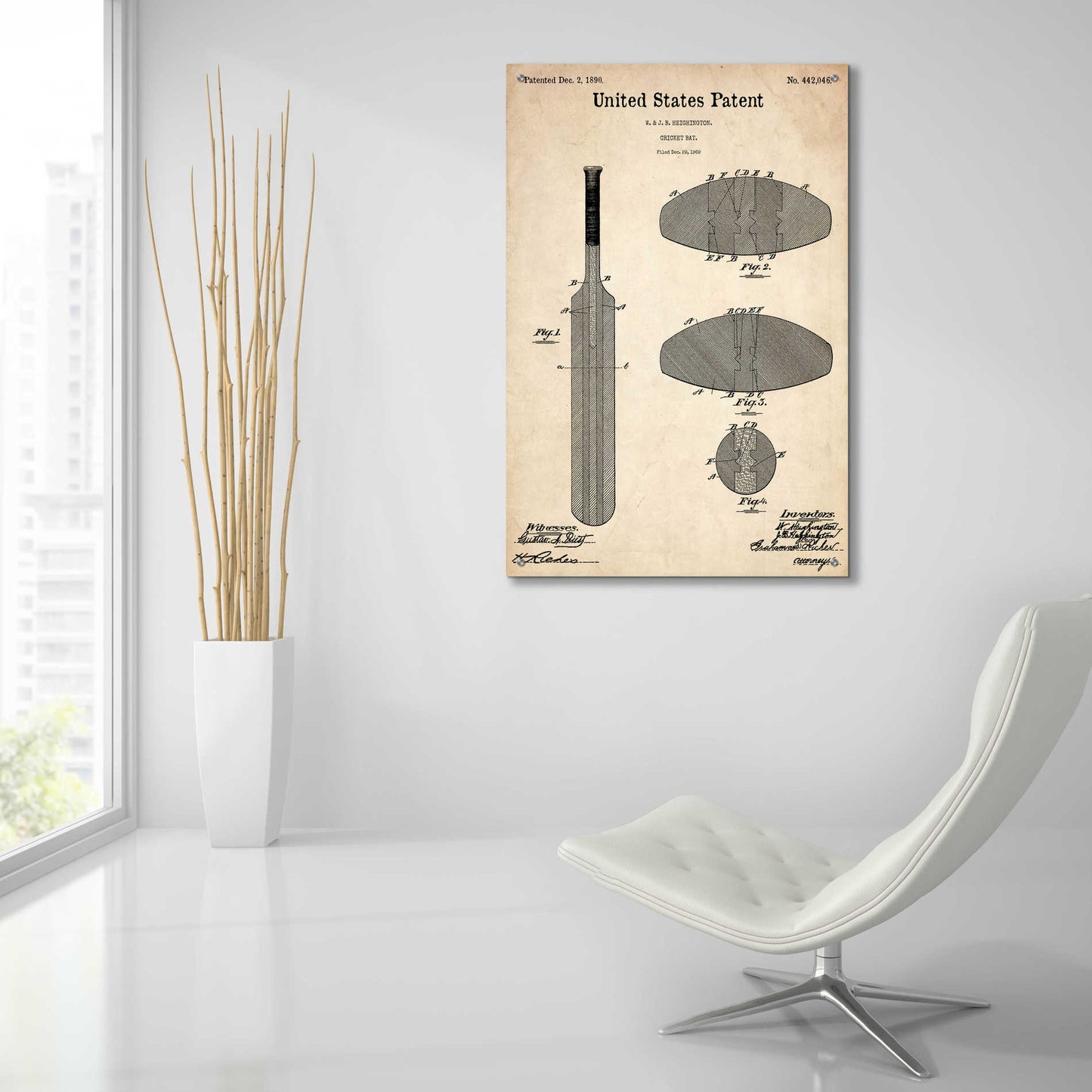 Epic Art 'Cricket Bat Blueprint Patent Parchment,' Acrylic Glass Wall Art,24x36