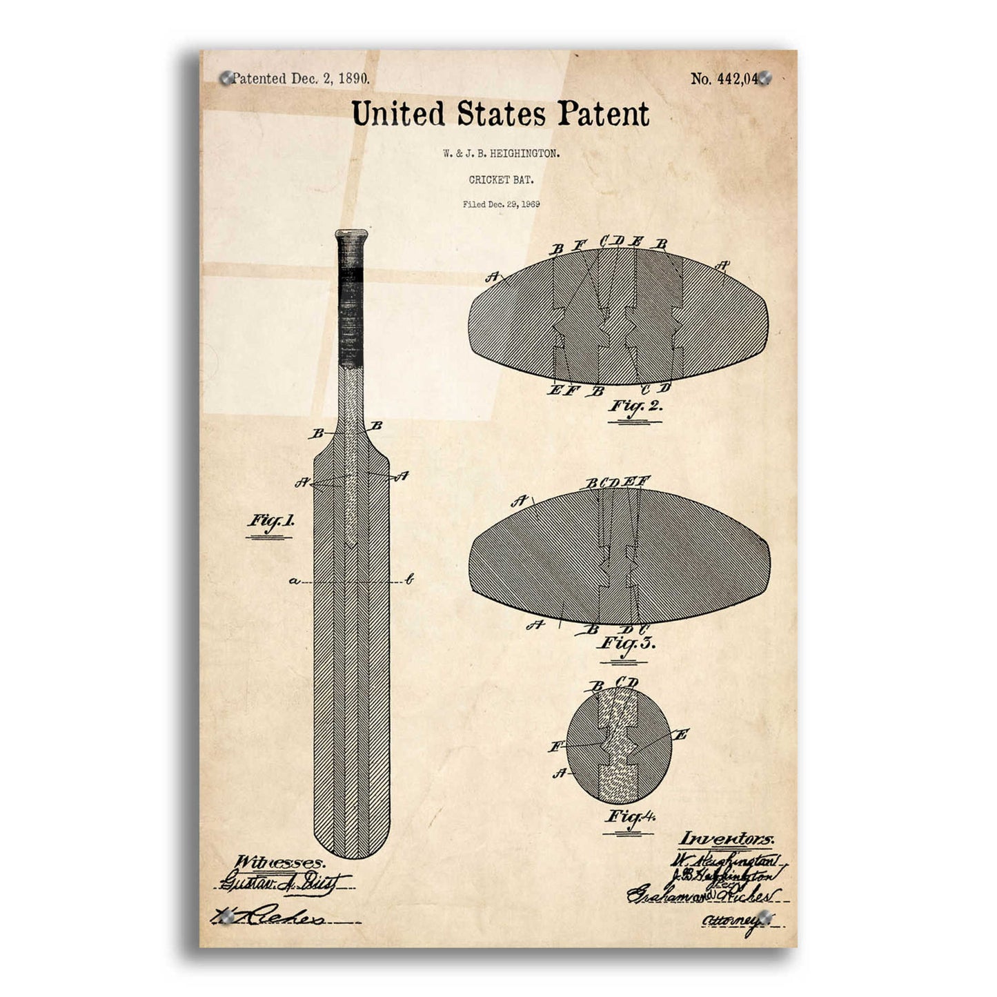 Epic Art 'Cricket Bat Blueprint Patent Parchment,' Acrylic Glass Wall Art,24x36