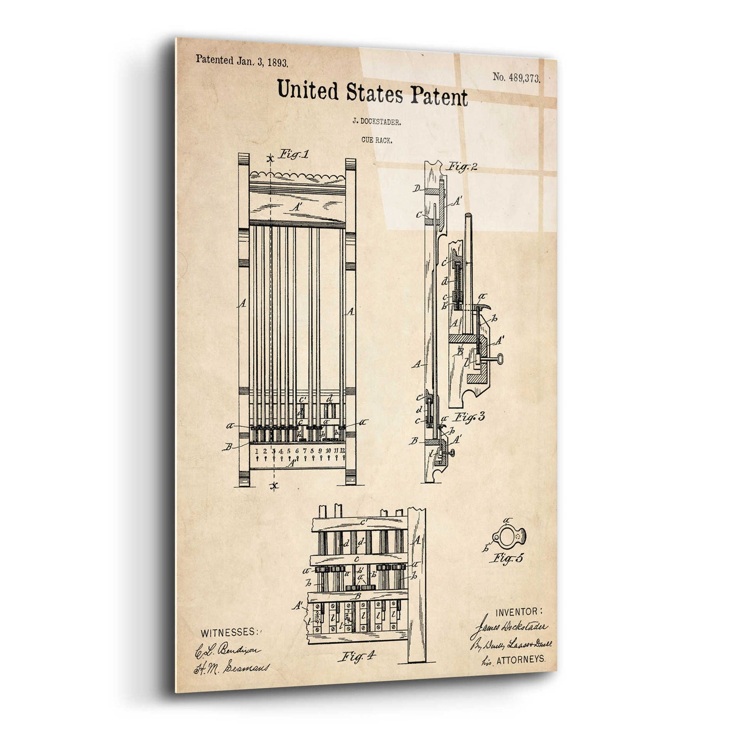 Epic Art 'Cue Rack Blueprint Patent Parchment,' Acrylic Glass Wall Art,12x16