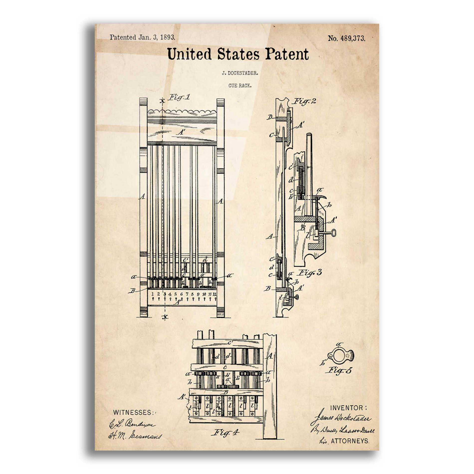 Epic Art 'Cue Rack Blueprint Patent Parchment,' Acrylic Glass Wall Art,12x16