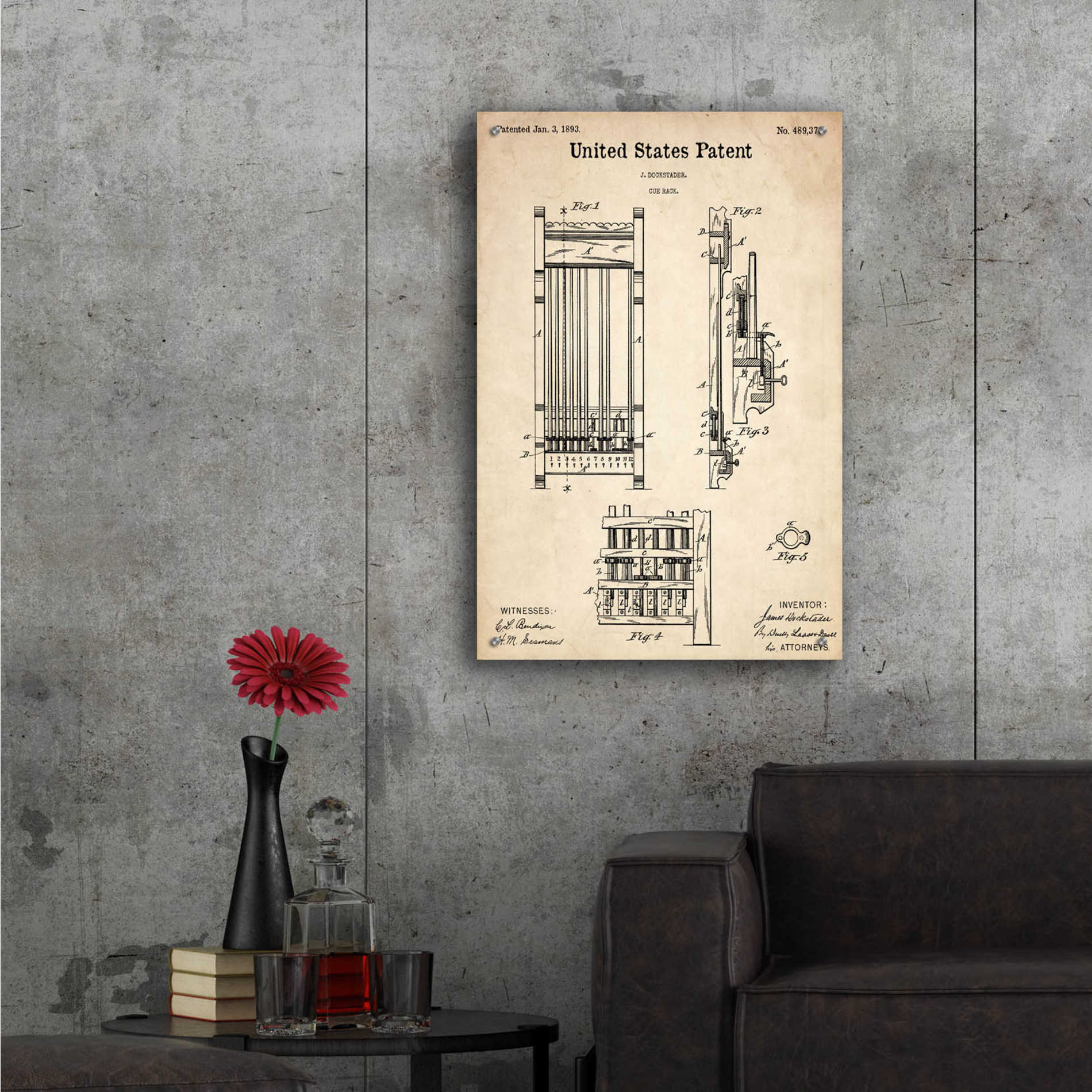 Epic Art 'Cue Rack Blueprint Patent Parchment,' Acrylic Glass Wall Art,24x36