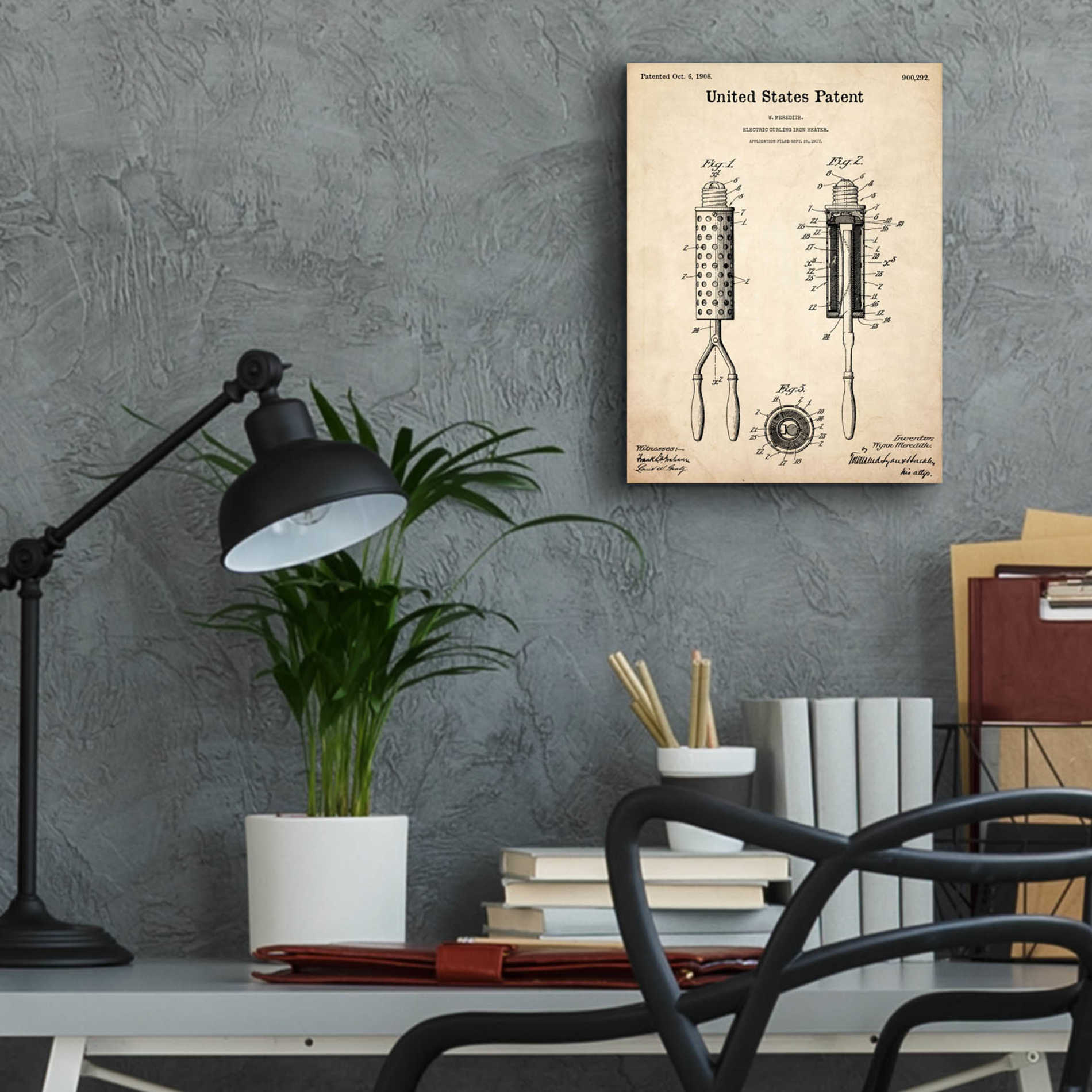 Epic Art 'Curling Iron Blueprint Patent Parchment,' Acrylic Glass Wall Art,12x16