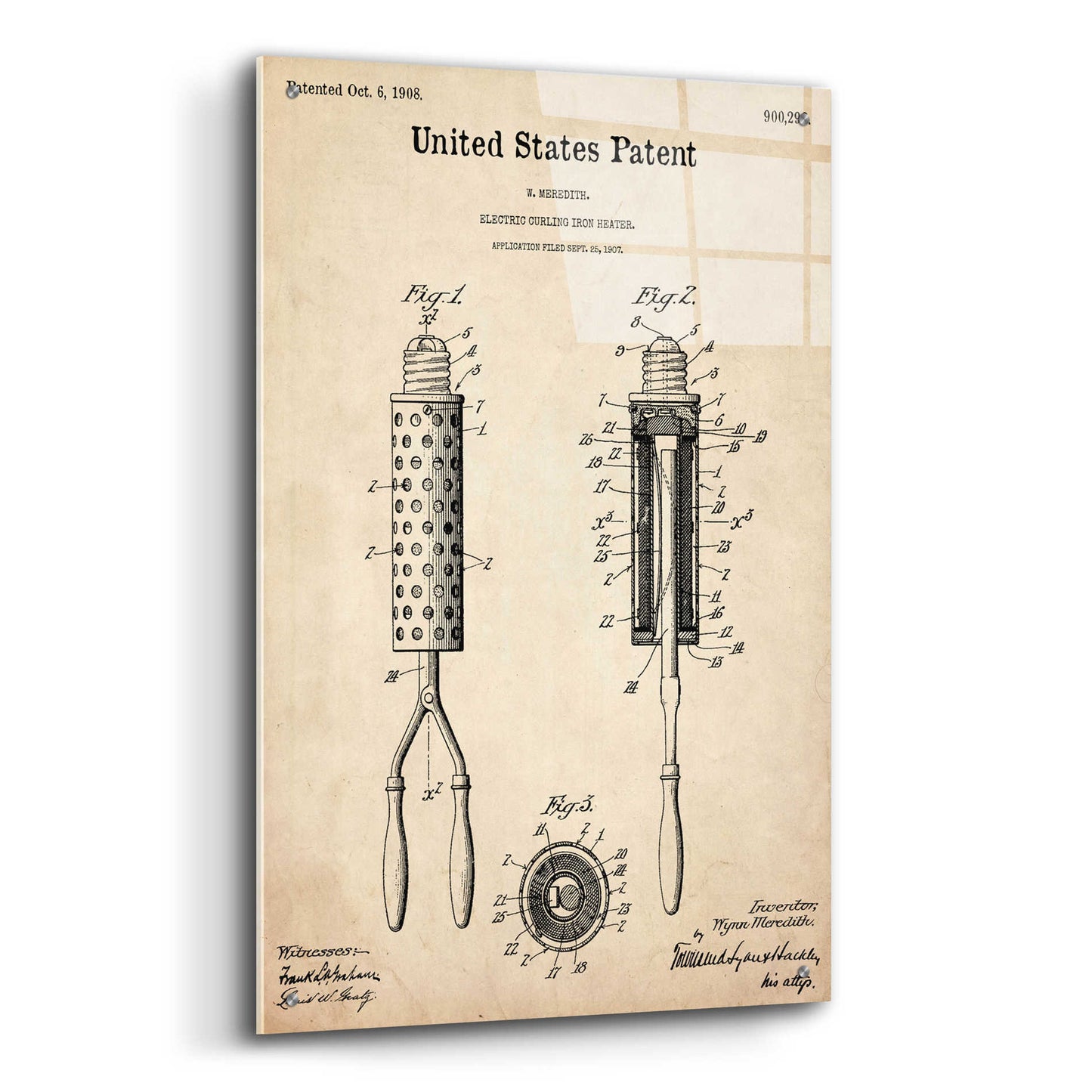 Epic Art 'Curling Iron Blueprint Patent Parchment,' Acrylic Glass Wall Art,24x36