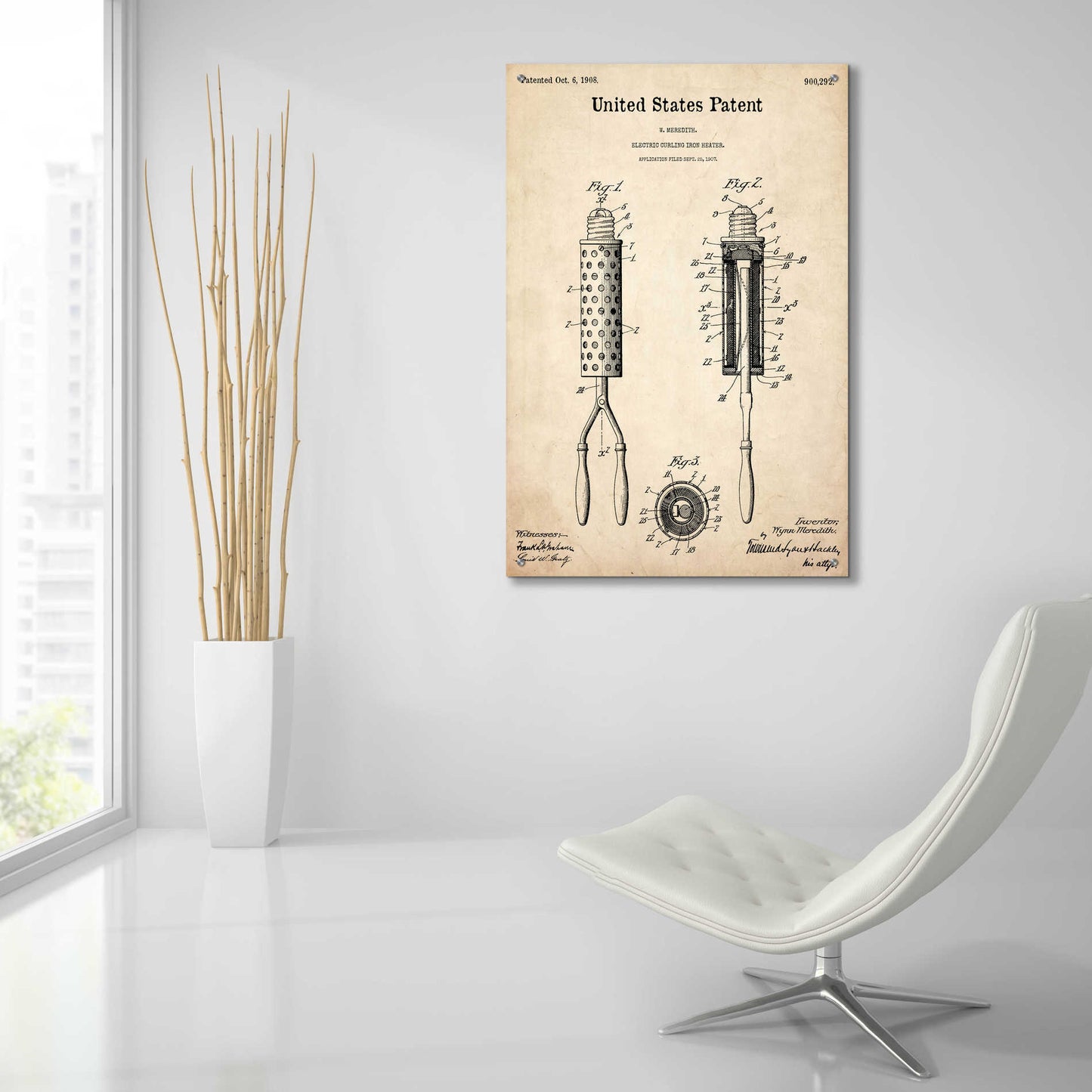 Epic Art 'Curling Iron Blueprint Patent Parchment,' Acrylic Glass Wall Art,24x36