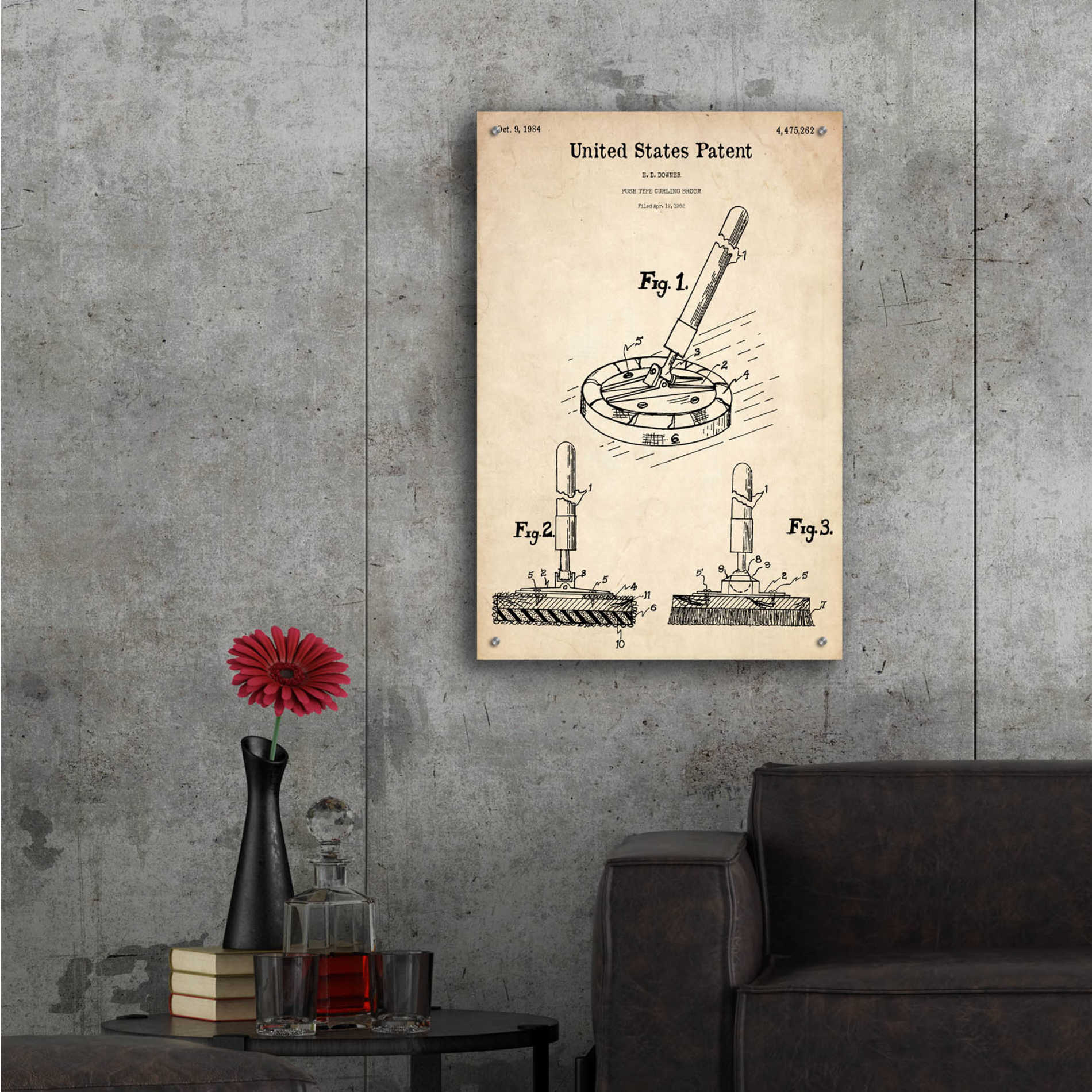 Epic Art 'Curling Broom Blueprint Patent Parchment,' Acrylic Glass Wall Art,24x36