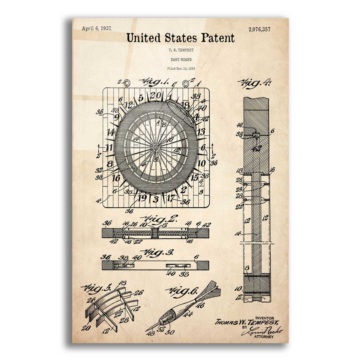 Epic Art 'Darts Game Blueprint Patent Parchment,' Acrylic Glass Wall Art,16x24