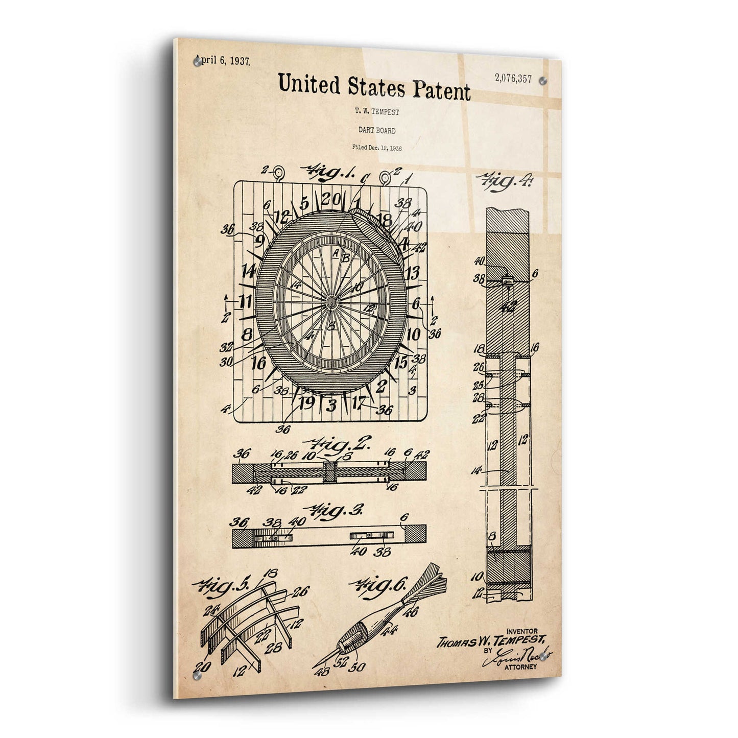 Epic Art 'Darts Game Blueprint Patent Parchment,' Acrylic Glass Wall Art,24x36