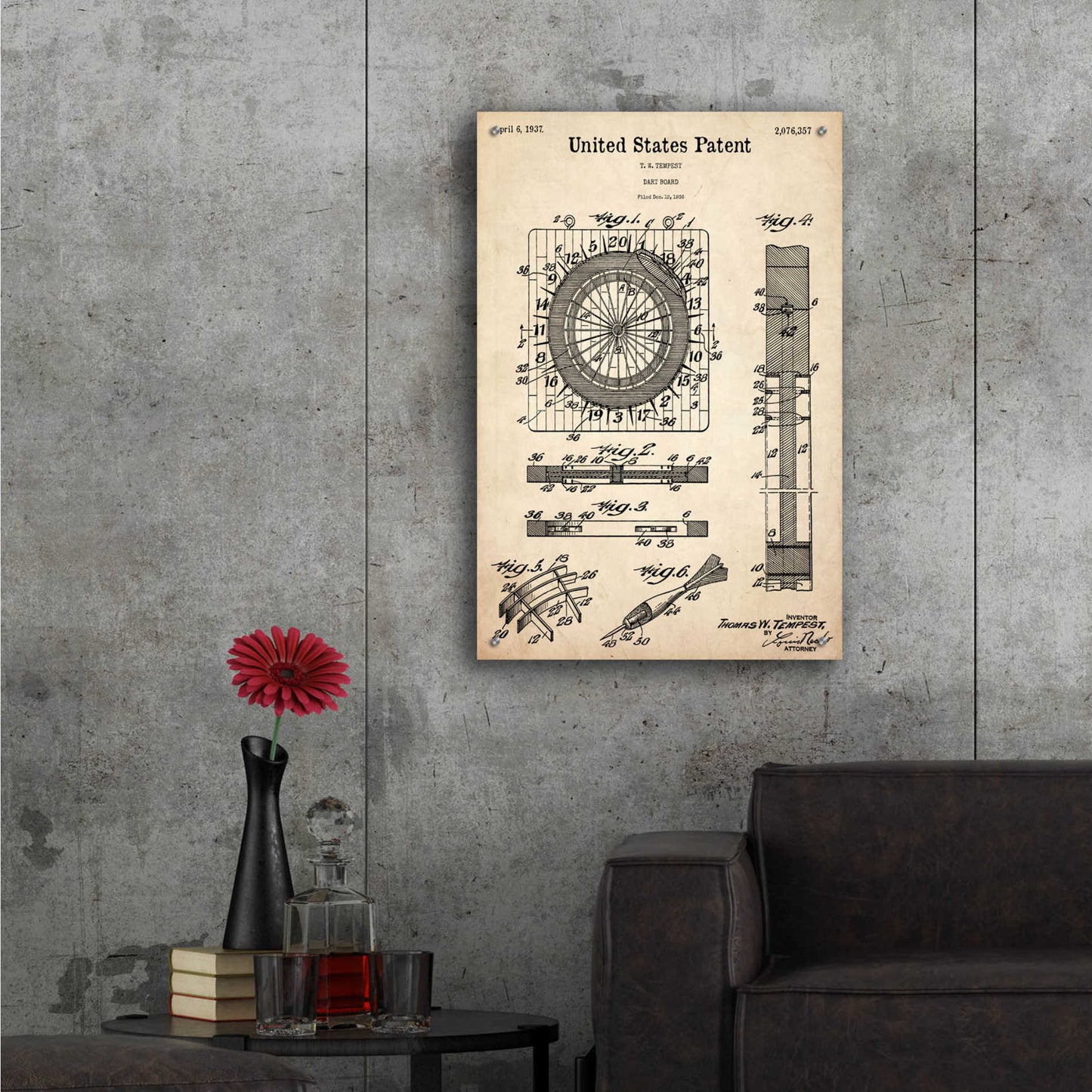 Epic Art 'Darts Game Blueprint Patent Parchment,' Acrylic Glass Wall Art,24x36