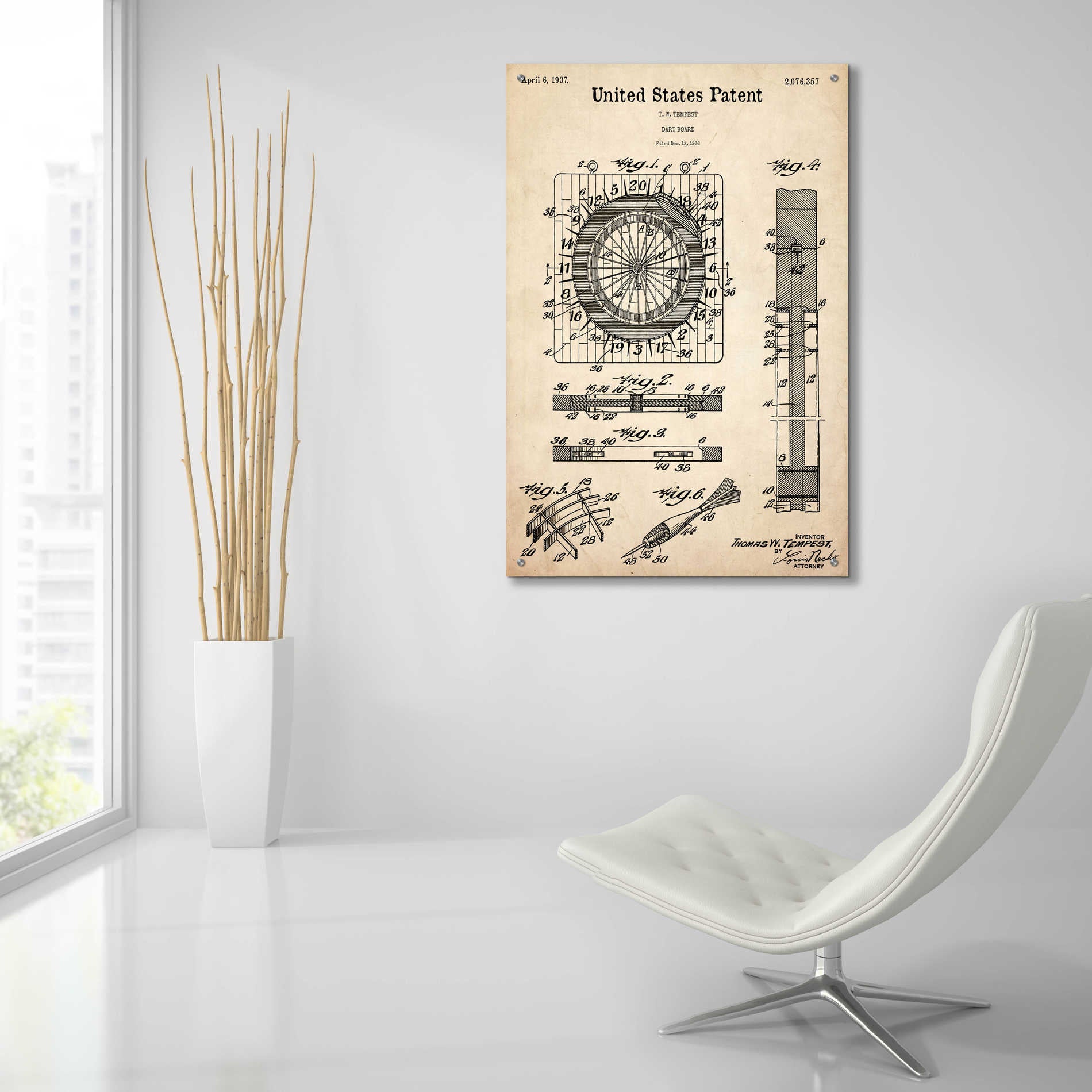 Epic Art 'Darts Game Blueprint Patent Parchment,' Acrylic Glass Wall Art,24x36