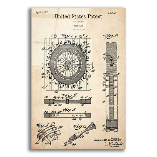 Epic Art 'Darts Game Blueprint Patent Parchment,' Acrylic Glass Wall Art,12x16x1.1x0,18x26x1.1x0,26x34x1.74x0,40x54x1.74x0