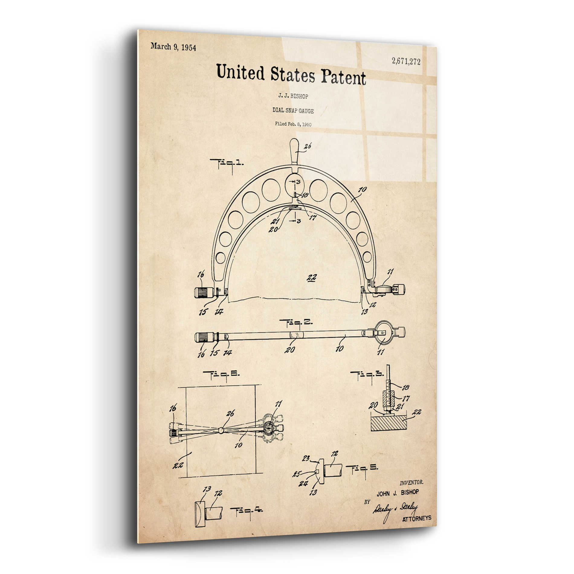 Epic Art 'Dial Snap Gauge Blueprint Patent Parchment,' Acrylic Glass Wall Art,12x16