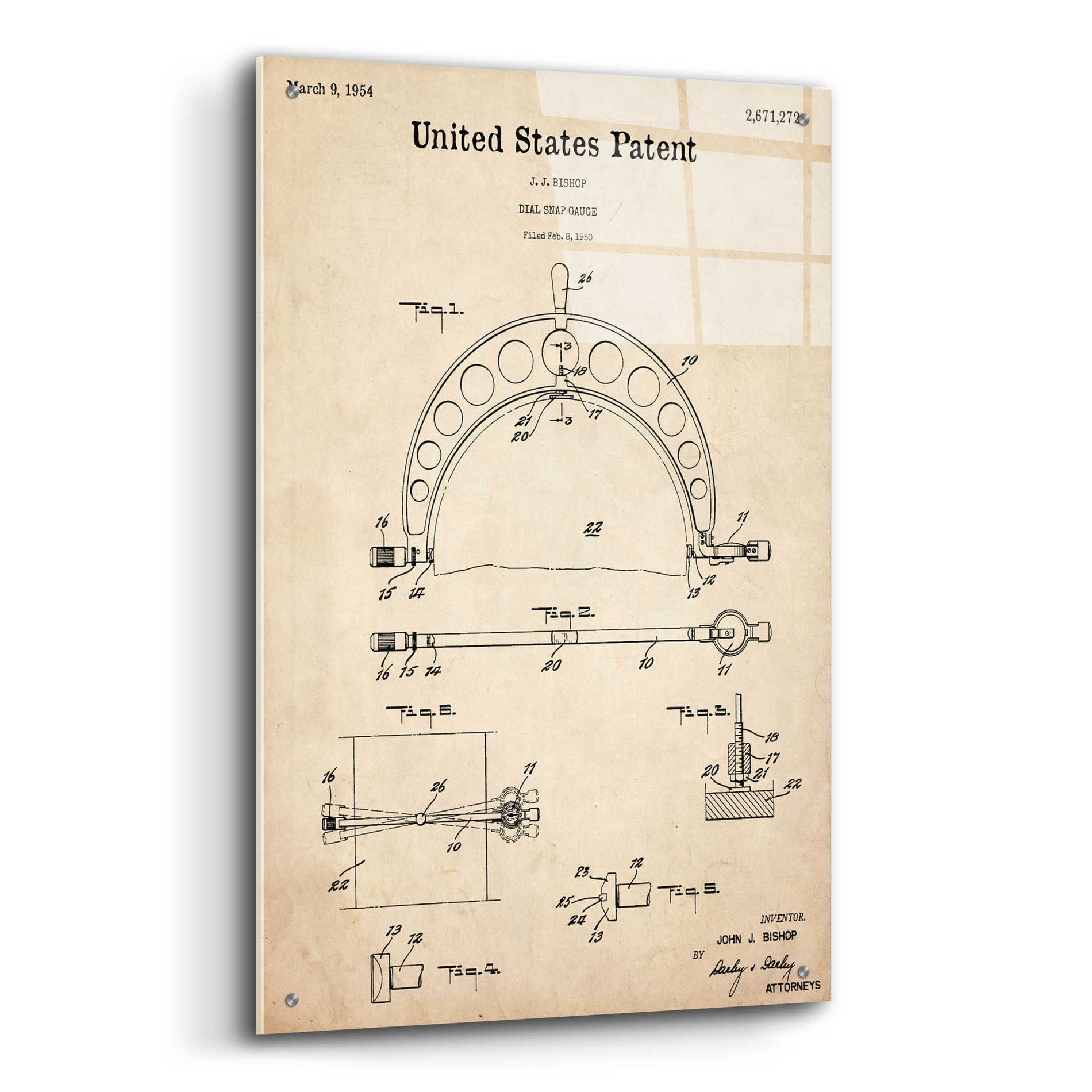 Epic Art 'Dial Snap Gauge Blueprint Patent Parchment,' Acrylic Glass Wall Art,24x36