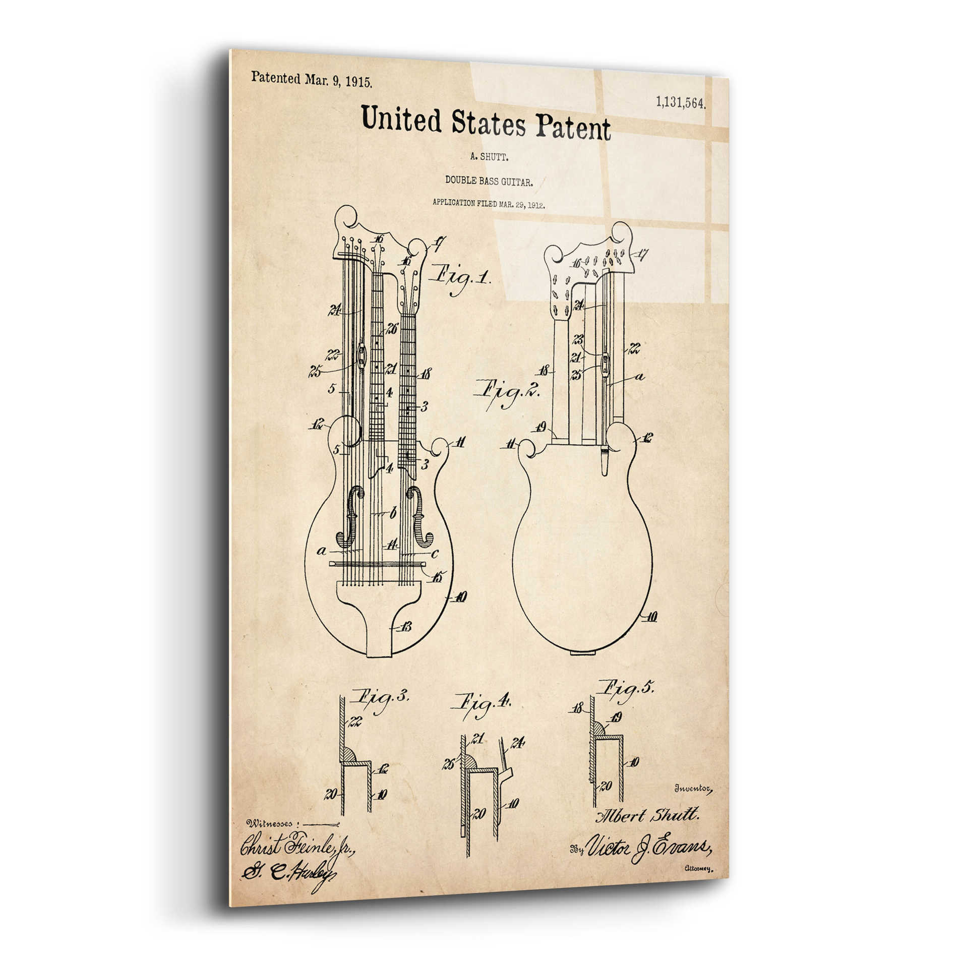 Epic Art 'Double Bass Guitar Blueprint Patent Parchment,' Acrylic Glass Wall Art,12x16