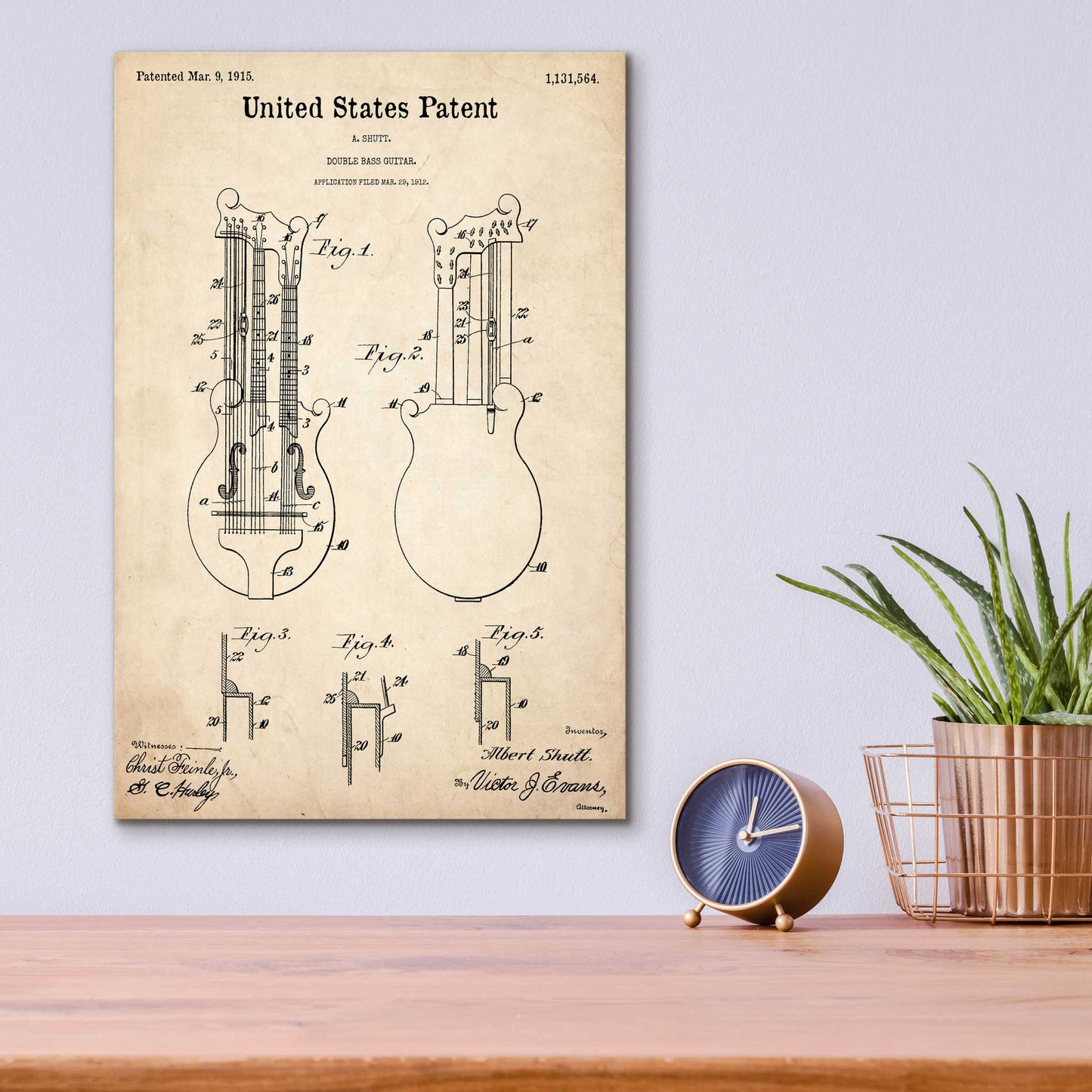 Epic Art 'Double Bass Guitar Blueprint Patent Parchment,' Acrylic Glass Wall Art,12x16