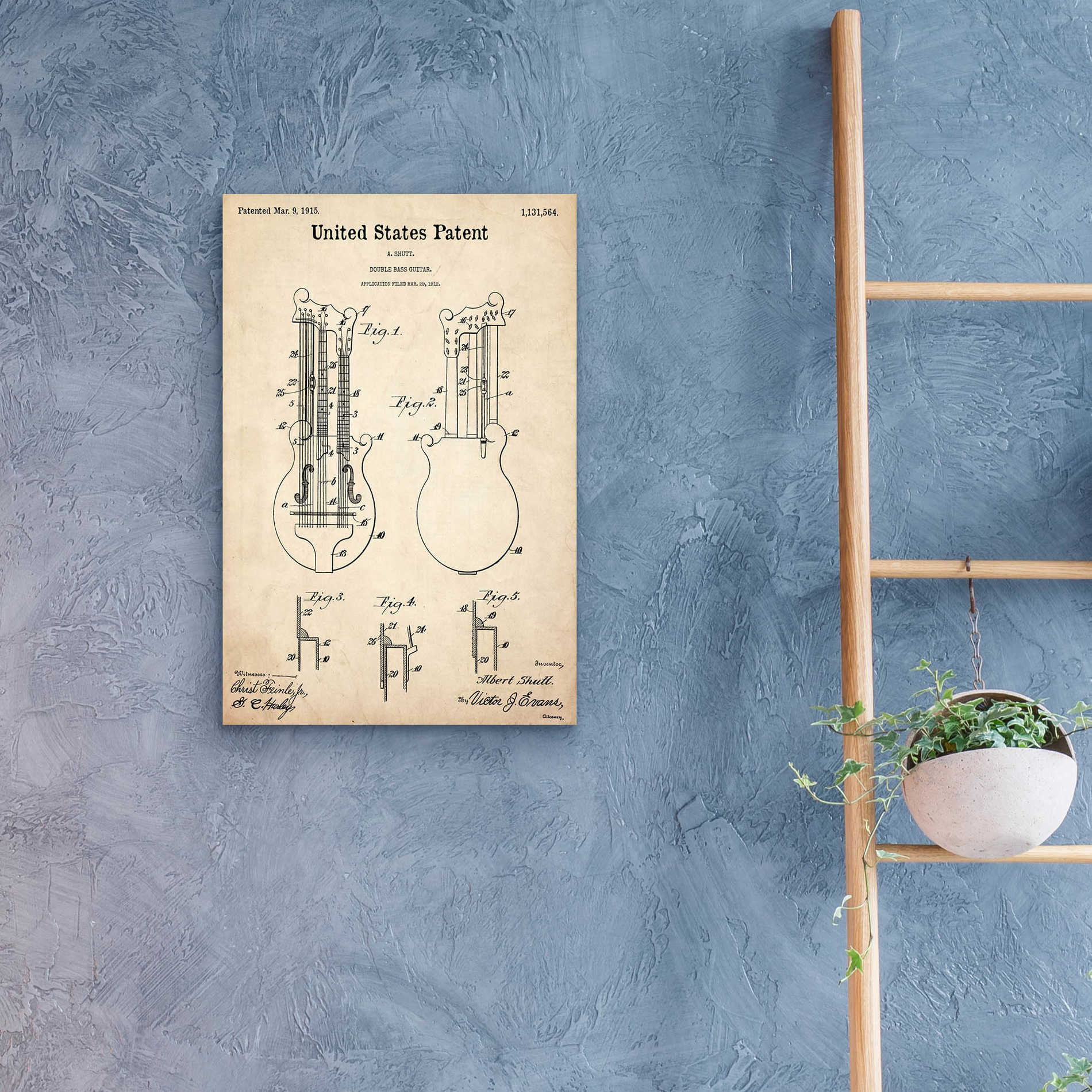 Epic Art 'Double Bass Guitar Blueprint Patent Parchment,' Acrylic Glass Wall Art,16x24