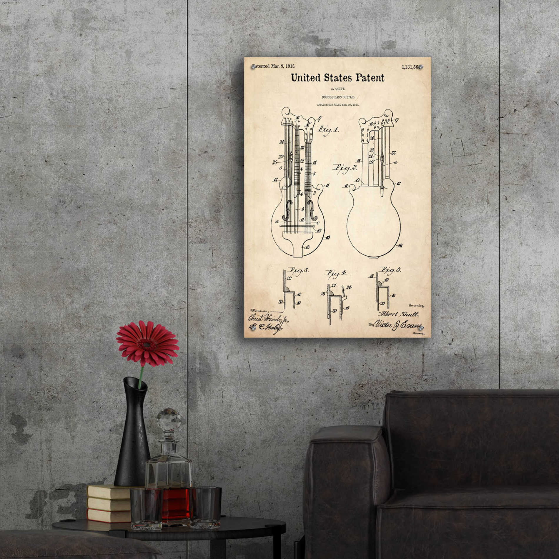 Epic Art 'Double Bass Guitar Blueprint Patent Parchment,' Acrylic Glass Wall Art,24x36