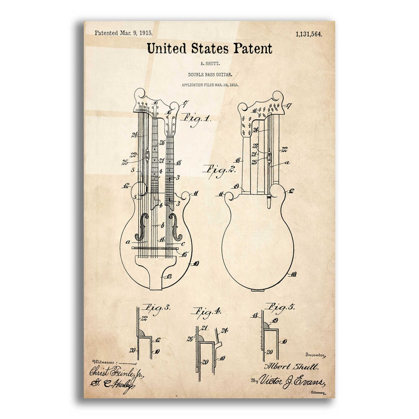 Epic Art 'Double Bass Guitar Blueprint Patent Parchment,' Acrylic Glass Wall Art,12x16x1.1x0,18x26x1.1x0,26x34x1.74x0,40x54x1.74x0