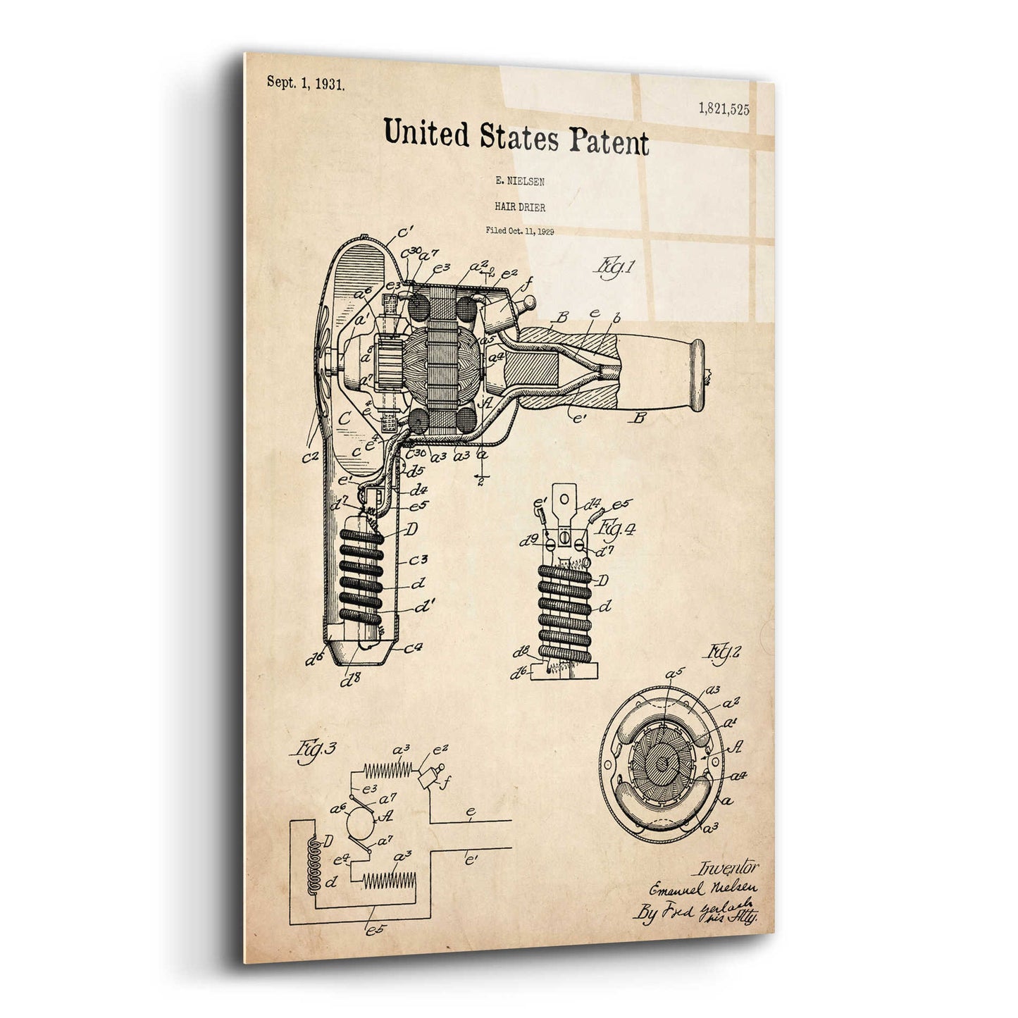 Epic Art 'Hair Dryer Blueprint Patent Parchment,' Acrylic Glass Wall Art,12x16