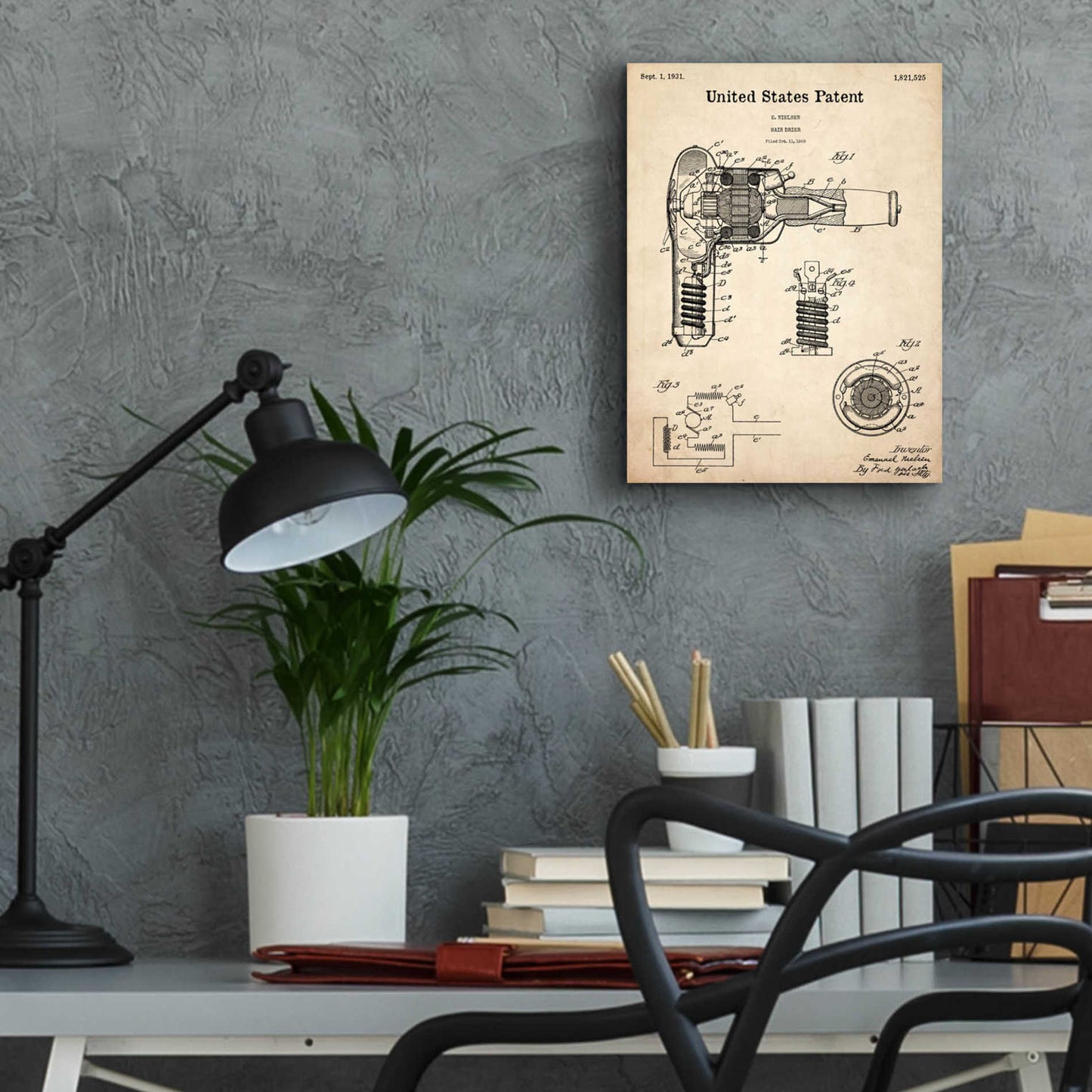 Epic Art 'Hair Dryer Blueprint Patent Parchment,' Acrylic Glass Wall Art,12x16