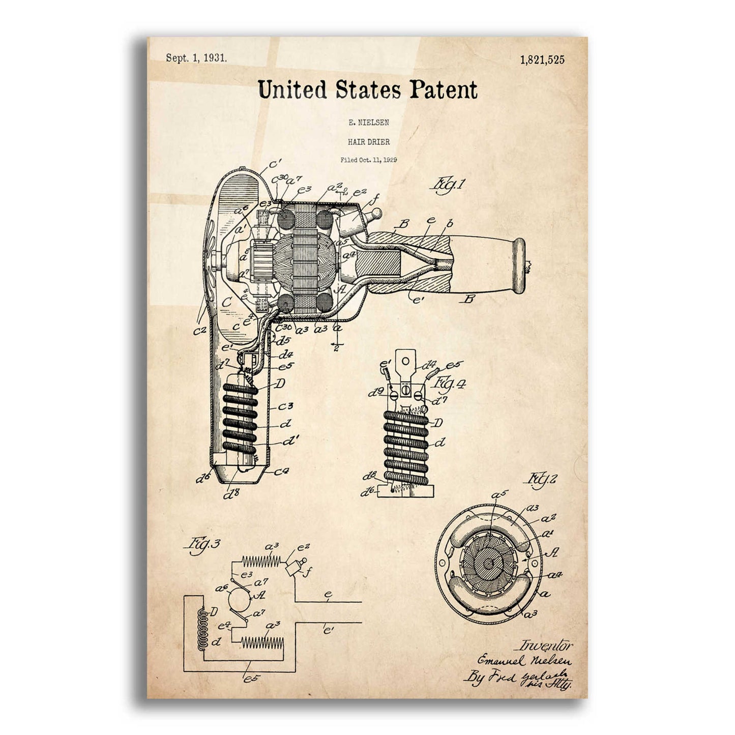 Epic Art 'Hair Dryer Blueprint Patent Parchment,' Acrylic Glass Wall Art,12x16