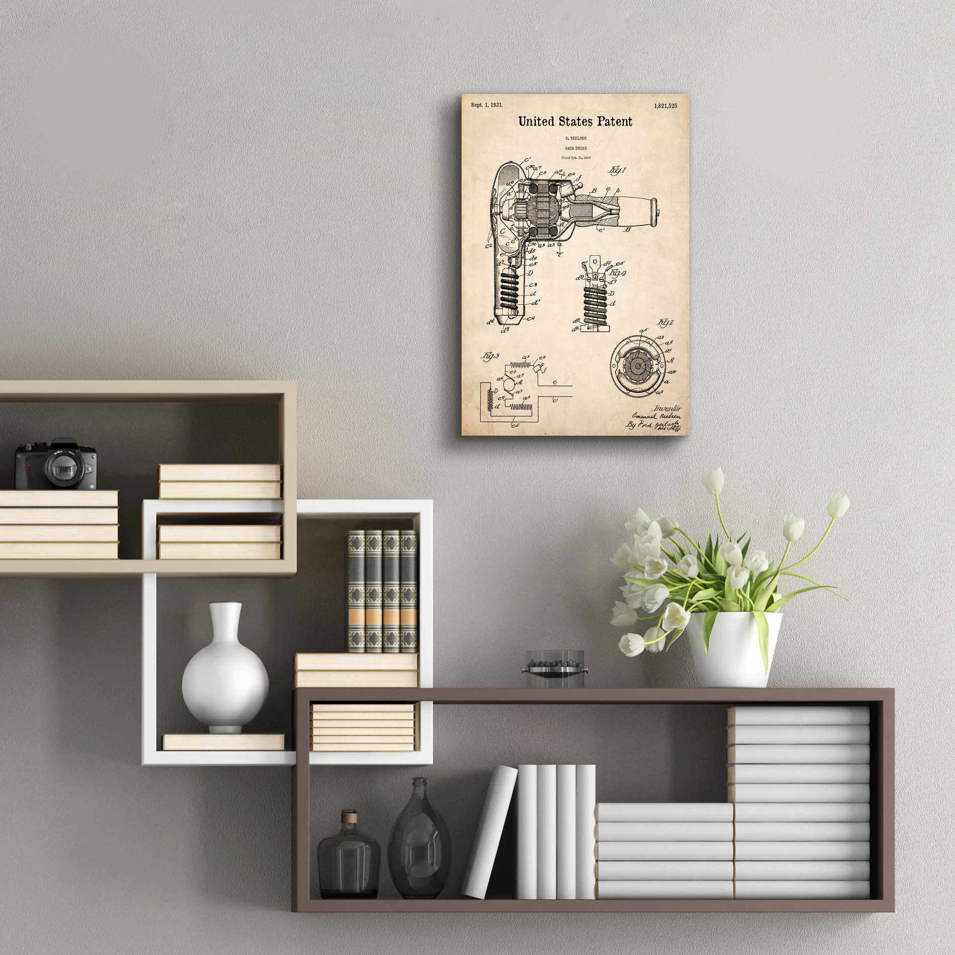 Epic Art 'Hair Dryer Blueprint Patent Parchment,' Acrylic Glass Wall Art,16x24