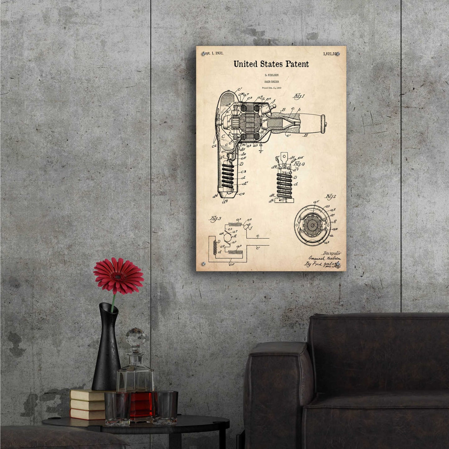 Epic Art 'Hair Dryer Blueprint Patent Parchment,' Acrylic Glass Wall Art,24x36